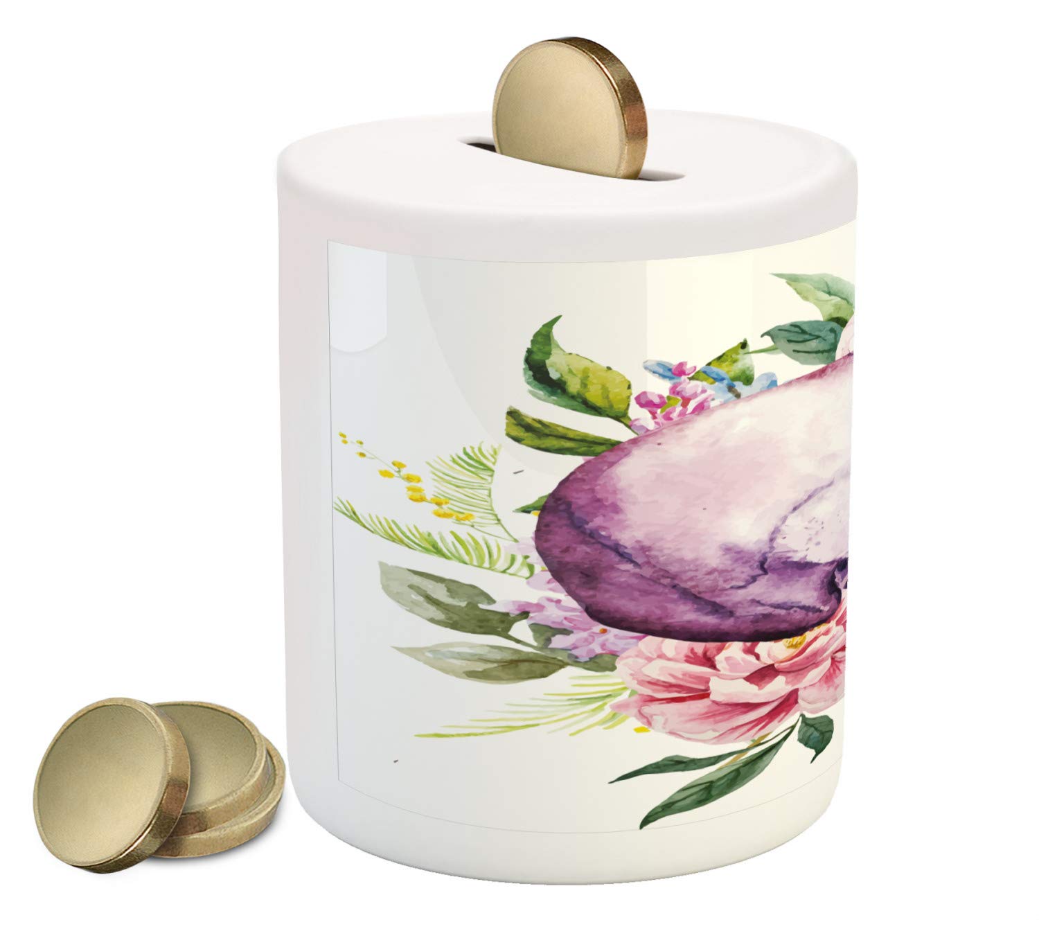 Ambesonne Ceramic Piggy Bank with Watercolor Skull & Floral Design - Abstract Human Head Coin Bank for Cash Savings - Unique Money Box Gift for Teens & Adults - Perfect for Home Decor, Birthday Presents & Saving Goals