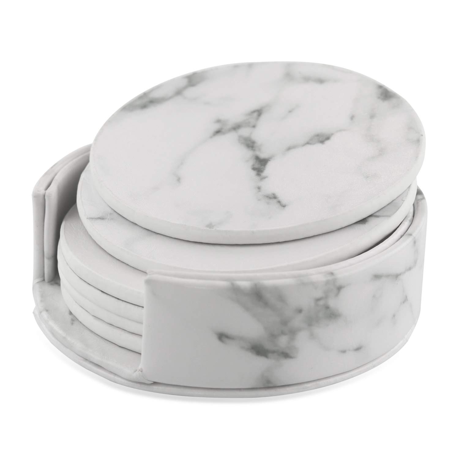 Premium Leather Coasters Set of 6 with Holder - Elegant Marble Drink Coasters for Wine & Coffee - Funny Housewarming Gift Idea - Round Cup Mats for Home, Kitchen & Office Use - Perfect for Parties, Dining & Home Decor