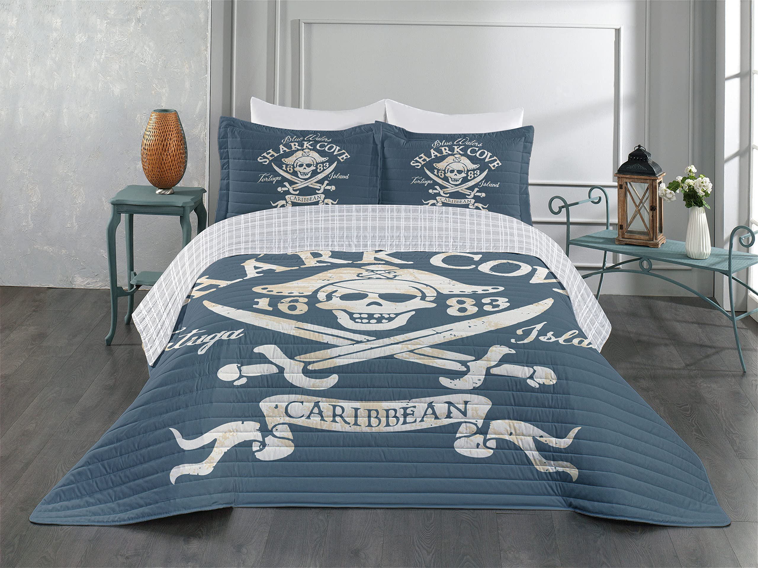 Ambesonne Pirate Reversible Bedspread Set - Shark Cove Tortuga Island Caribbean Waters Retro Jolly Roger Design | Microfiber Comforter & Pillow Shams | Queen Size Bedding in Pale Mustard & Slate Blue | Perfect for Nautical Themed Bedrooms, Pirate Lovers & Coastal Decor