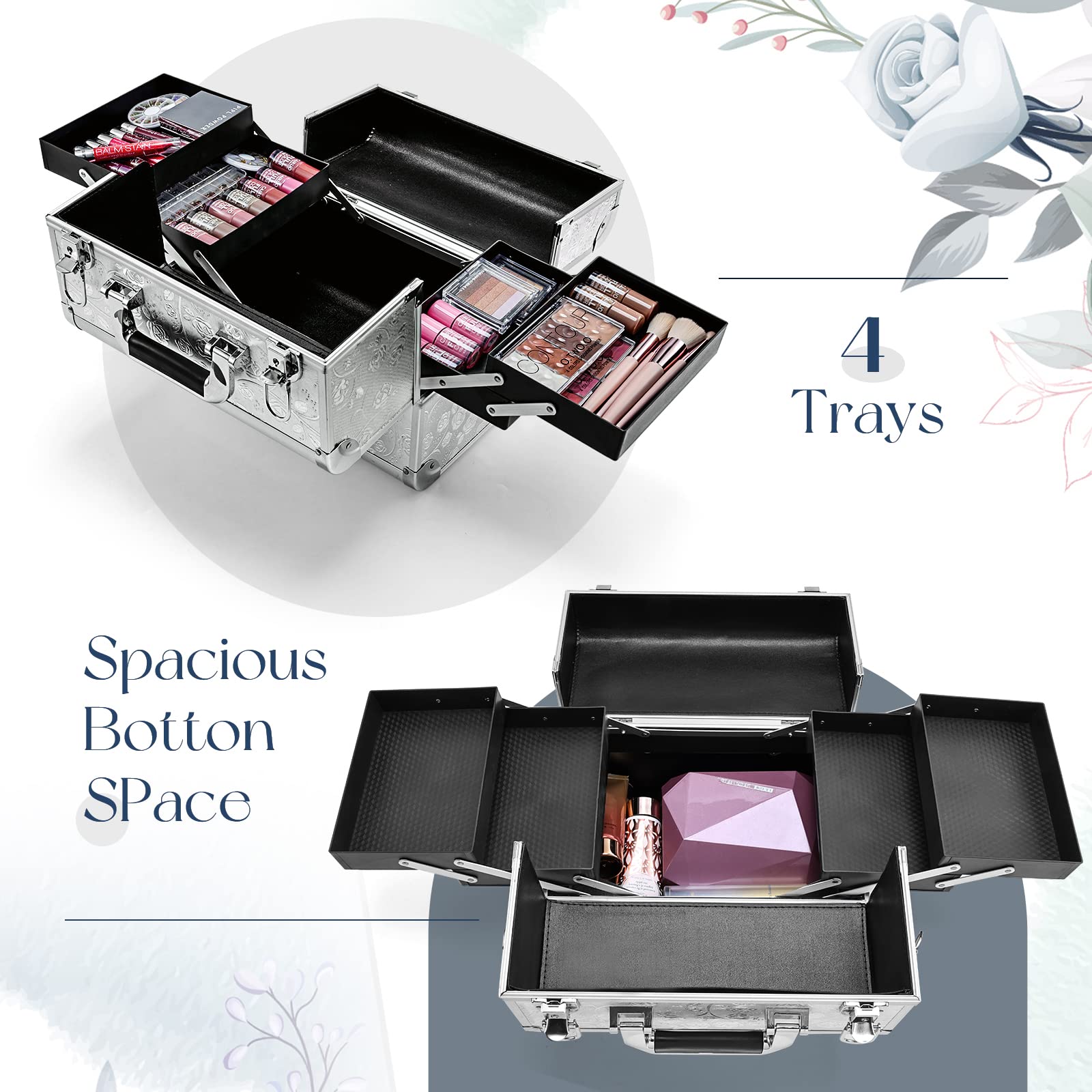 Joligrace Makeup Organizer Box - 4-Tier Vanity Storage Case with Key Lock for Cosmetics, Nail Polish & Beauty Accessories (32 x 21 x 26 cm) - Perfect for Bedroom, Bathroom & Travel Organization