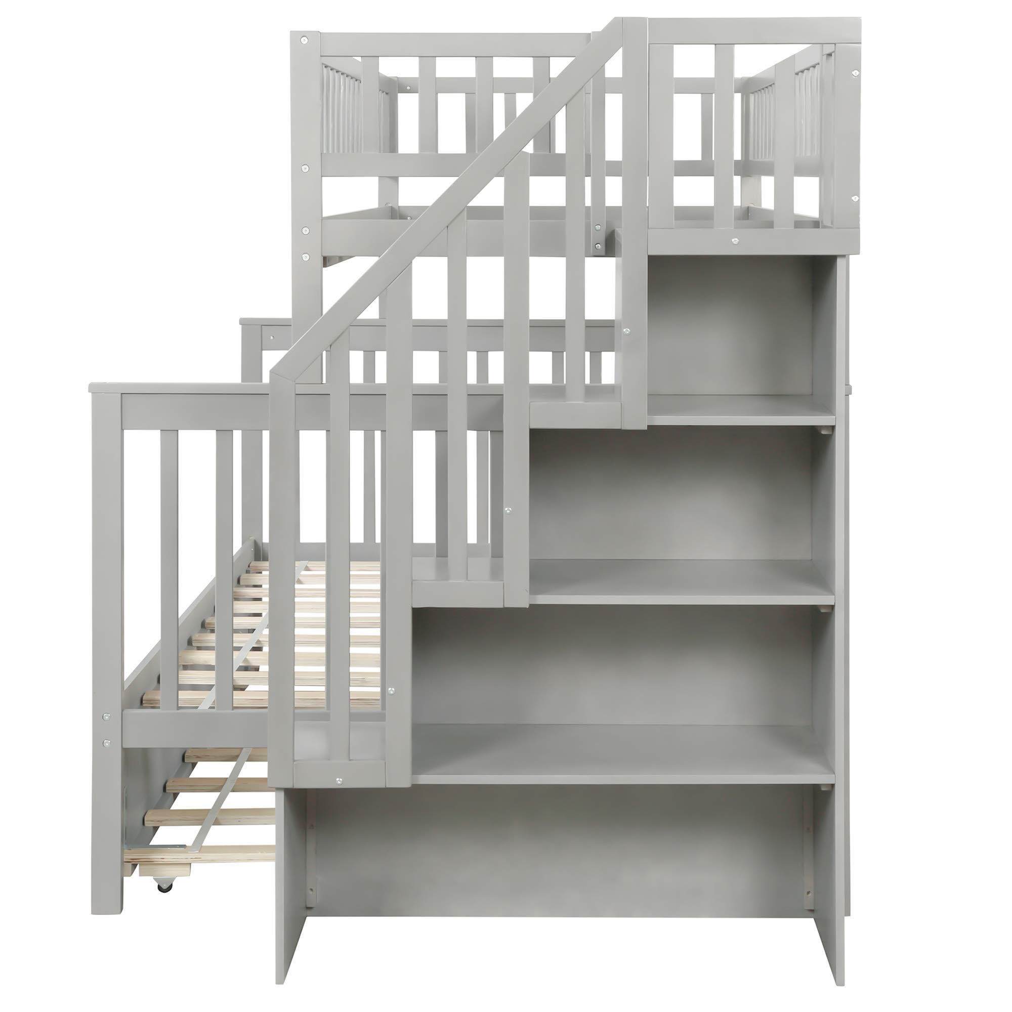 Harper & Bright Designs Twin Over Full Bunk Bed with Stairs - Sturdy Wooden Bunk Bed Frame with Storage Shelves, No Box Spring Needed - Space-Saving Kids & Teens Bedroom Furniture (Grey) - Perfect for Small Rooms, Shared Bedrooms & Vacation Homes