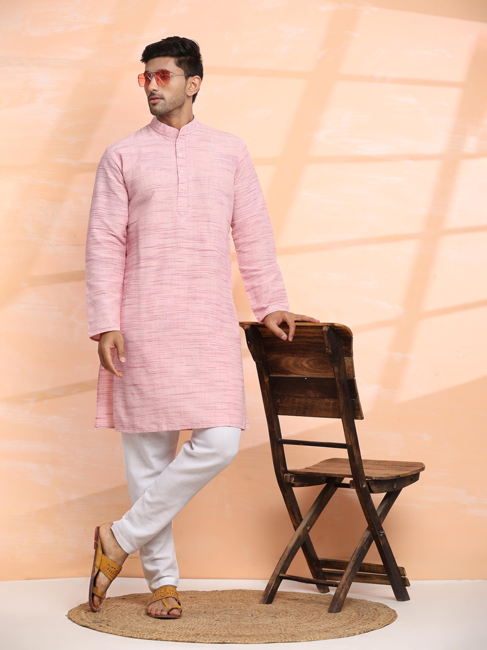SKAVIJ Men's Embroidered Cotton Blend Kurta Pajama Set | Traditional Indian Ethnic Wear for Men | Perfect for Weddings, Festivals & Cultural Events
