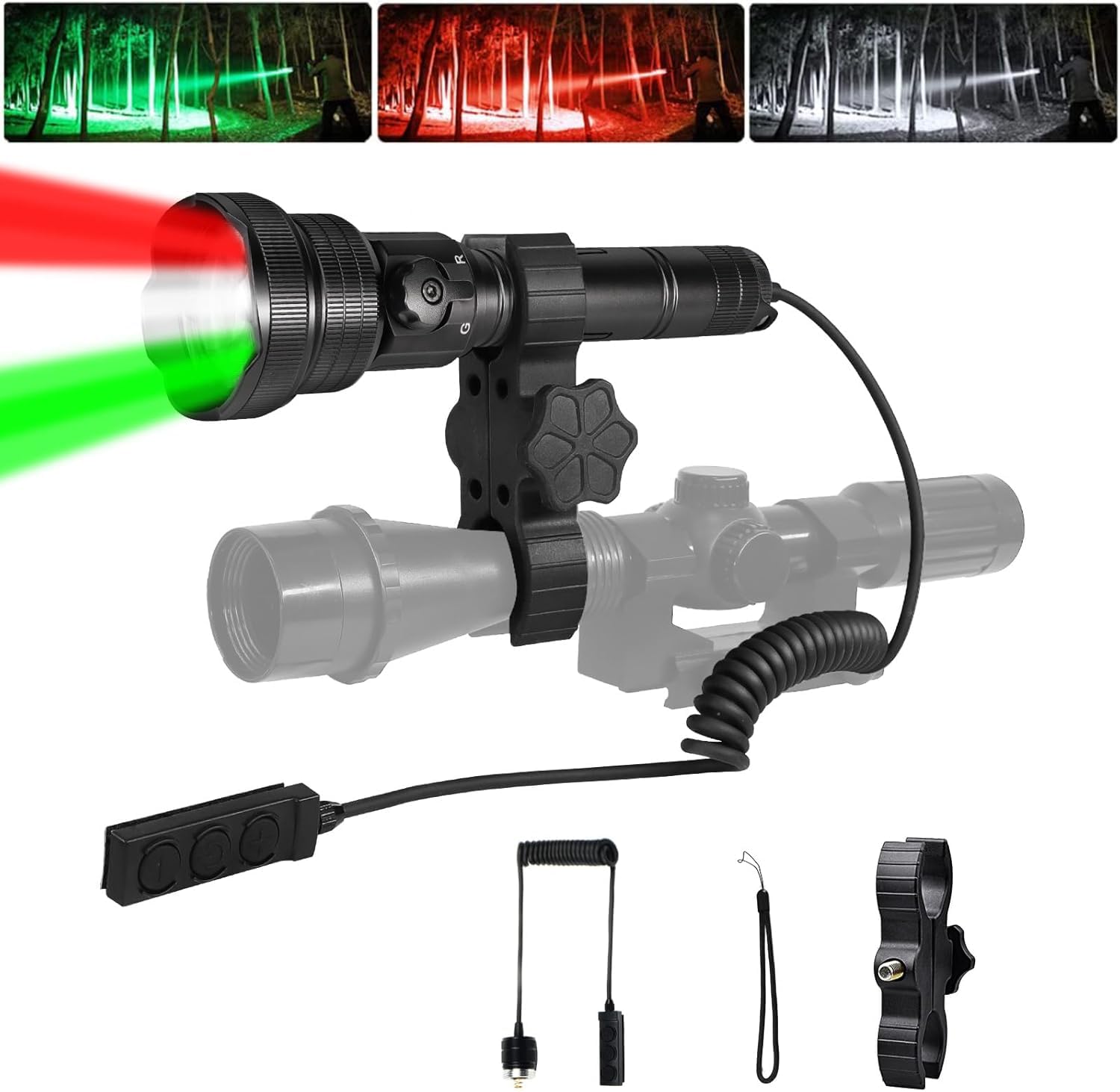 Brinyte T28 LED Zoomable Hunting Flashlight - 3 in 1 Color (Red, Green, White) with Pressure Switch Mount, IPX6 Waterproof for Hog, Coon & Coyote Hunting - Perfect for Night Hunting, Camping and Outdoor Adventures