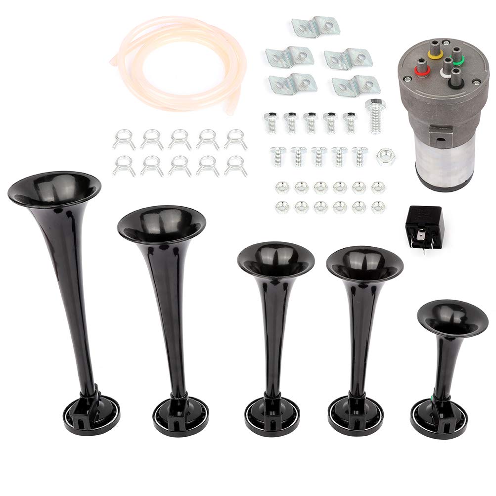 5 Trumpet Electric Air Horn Kit - 12V Train & Car Horn Replacement with Compressor - Loud Sound for Trucks, Boats, Emergency Vehicles - Perfect for Safety Alerts & Sporting Events