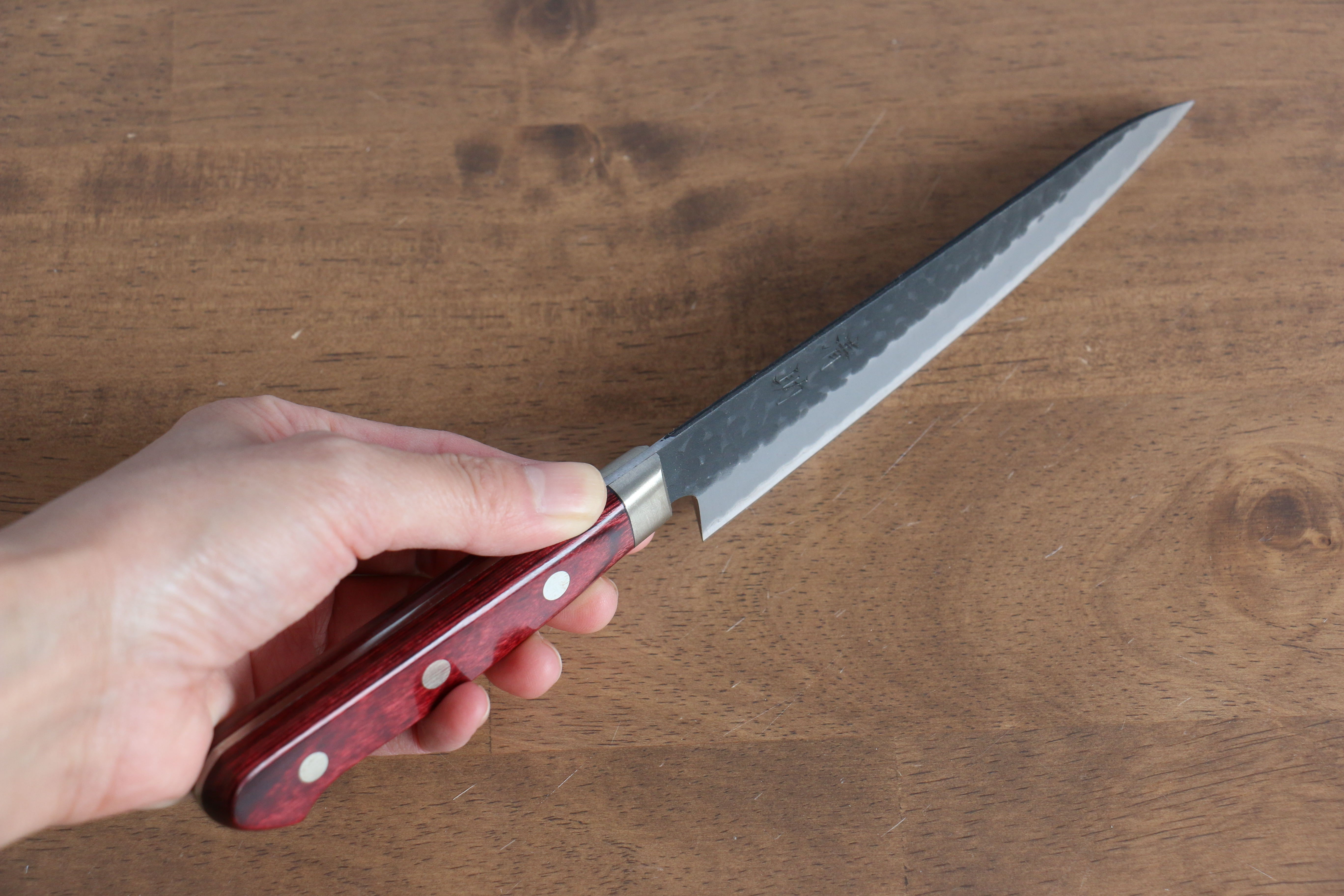 Seisuke Blue Super Hammered Kurouchi Petty Utility Knife 135mm - Red Pakka Wood Handle - Perfect for Slicing, Peeling & Precision Kitchen Tasks