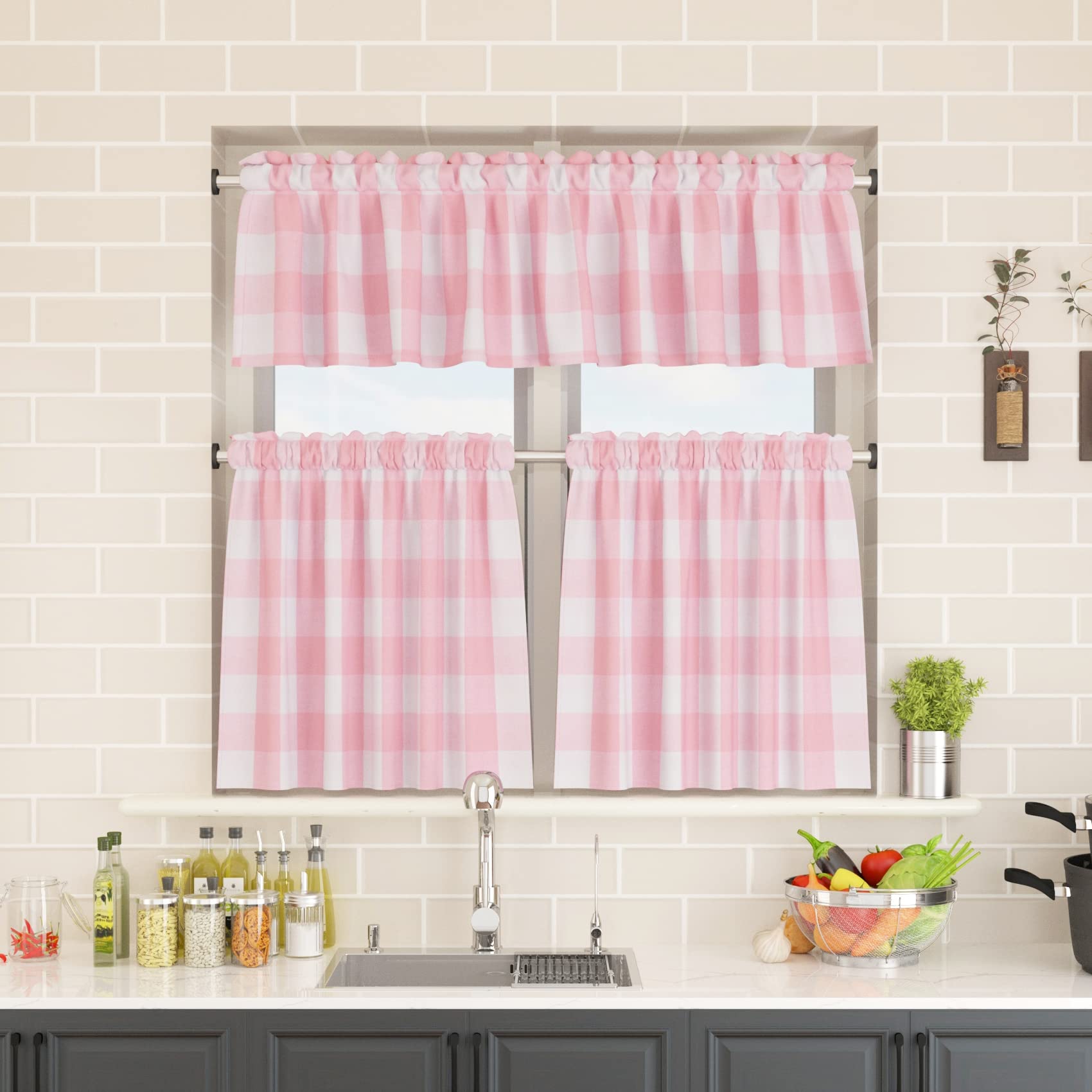 Buffalo Plaid Cafe Curtains 30 Inches Long - 2 Panels with Rod Pocket, Gingham Check Short Half Window Curtains for Kitchen & Bathroom - Pink & White - Perfect for Small Windows, Farmhouse Decor, and Cozy Home Styling