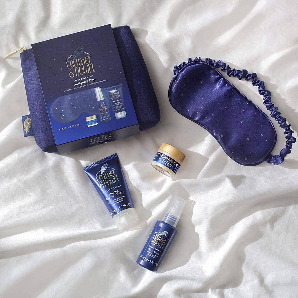 Premium Feather & Down Sleeping Bag Gift Set with Luxury Eye Mask, Sleep Balm, Pillow Spray & Shower Cream - Lavender & Chamomile Essential Oils for Relaxation | Vegan & Cruelty-Free | Perfect for Camping, Travel & Spa Nights at Home