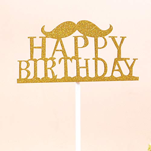 Flairs New York Happy Birthday Decorations - Gold Mustache Cake Topper & Party Banner Set (Pack of 1) - Perfect for Birthday Cakes, Dessert Tables & Celebration Decorations