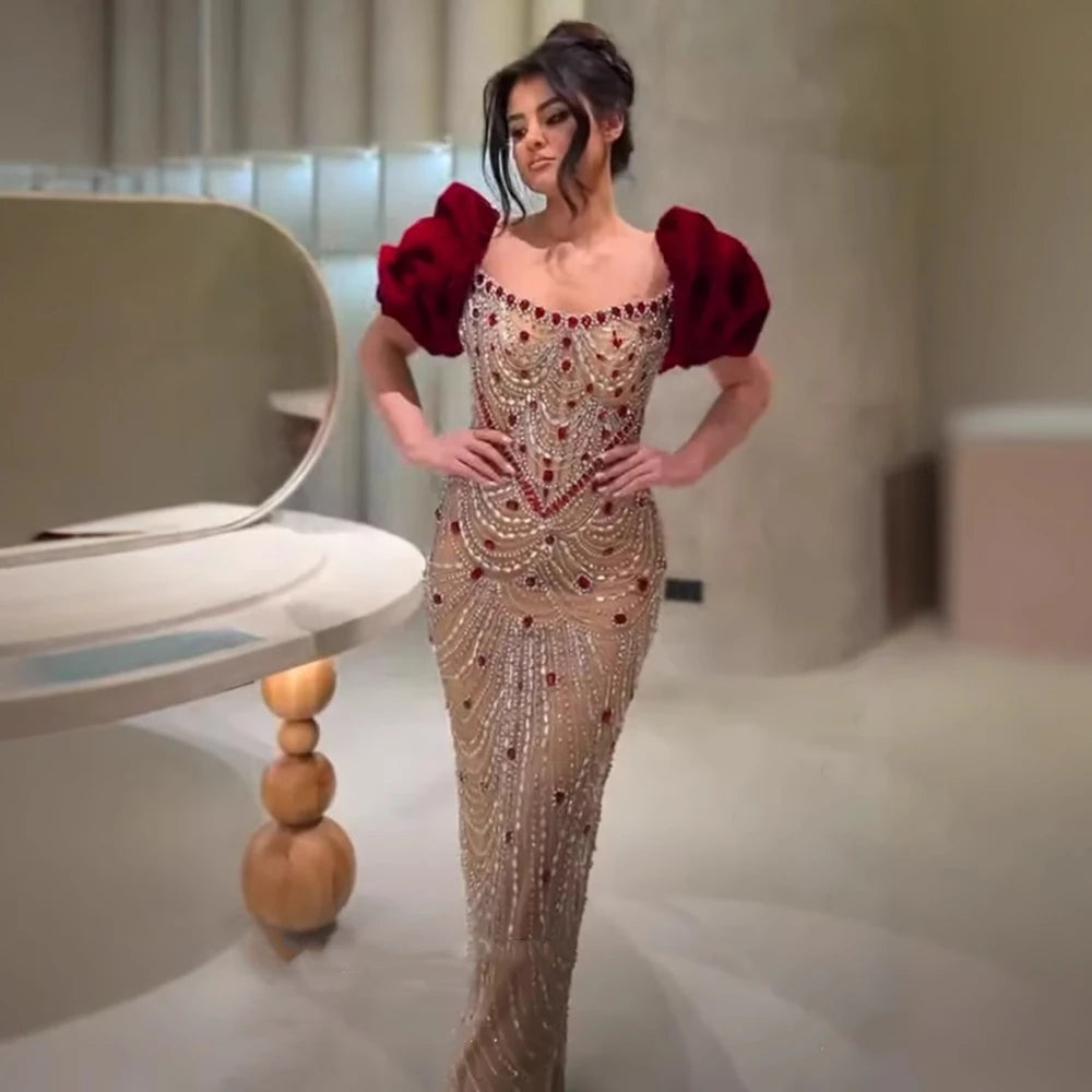 Elegant Beaded Evening Gown with Puff Sleeves & Pearl Embellishments - LA72903 | Perfect for Galas, Weddings & Formal Events