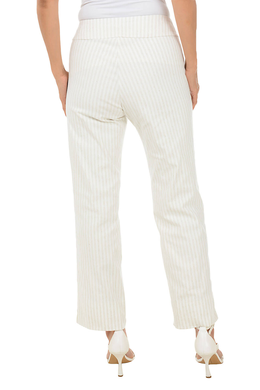 Stylish Oatmeal Stripe Flared Ankle Pants for Women - Comfortable High Waist Wide Leg Trousers for Office, Casual & Date Night Outfits