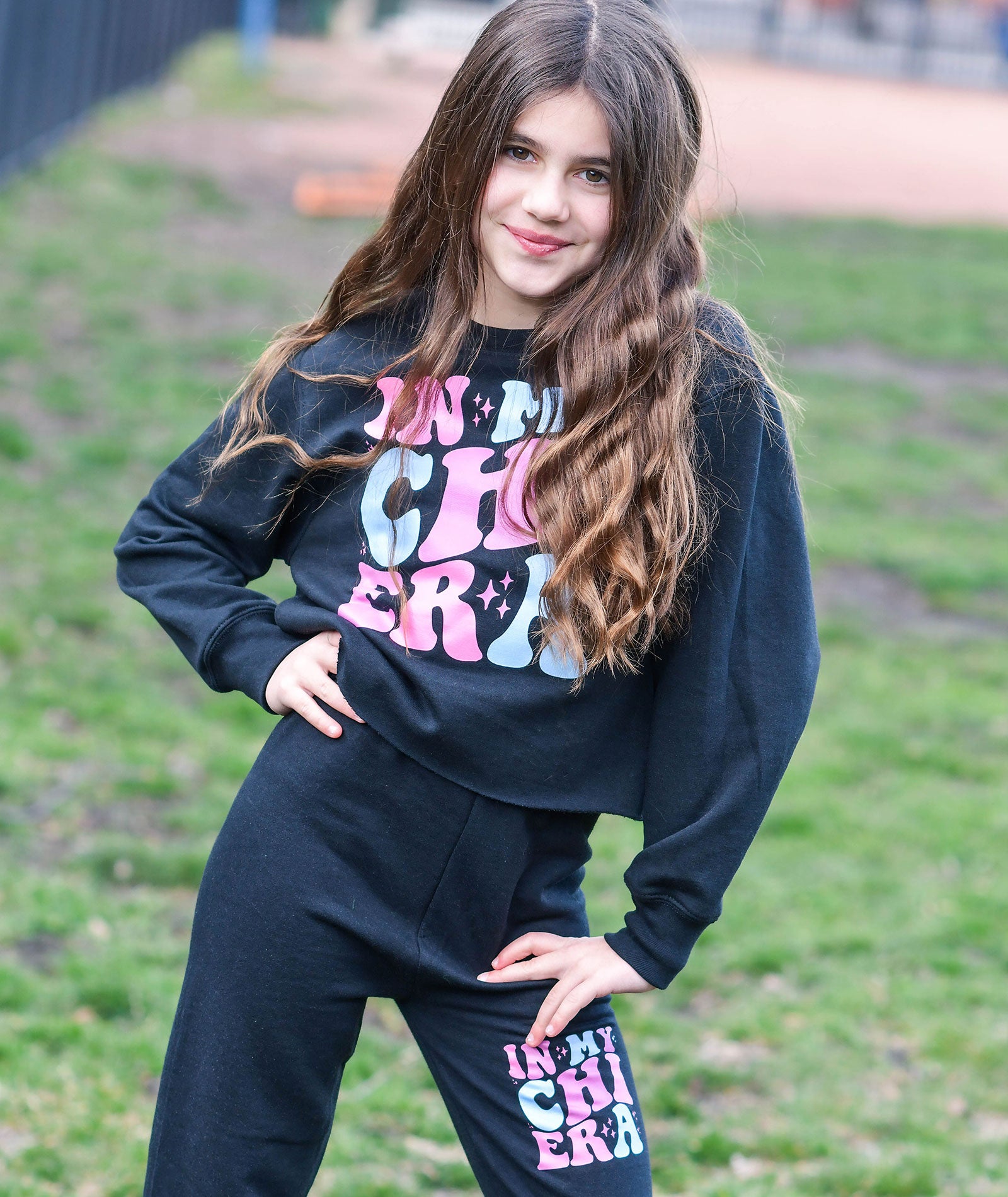 Girls Camp Chi Era Black Cropped Sweatshirt | Trendy Oversized Pullover for Teens | Perfect for School, Streetwear & Casual Outfits
