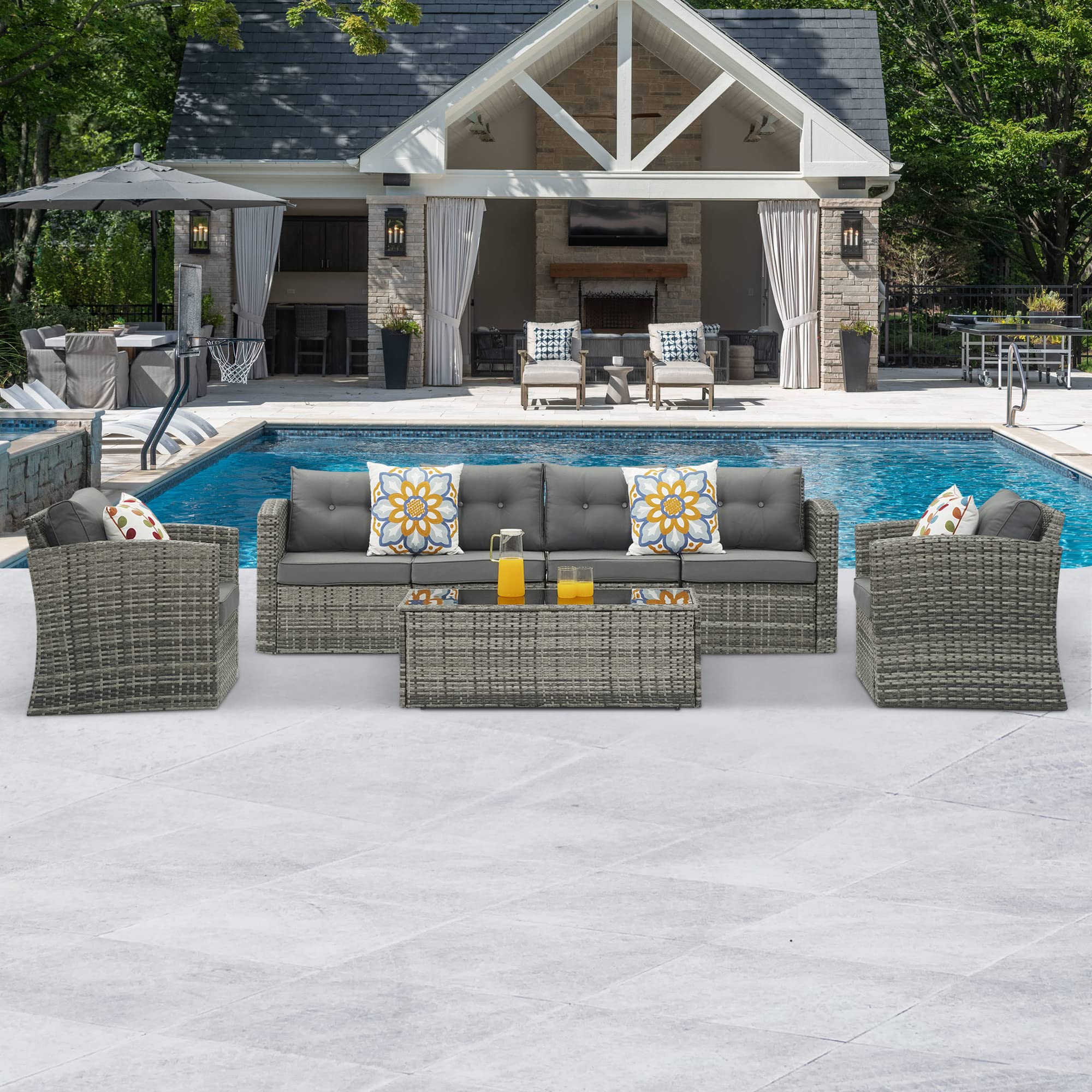 7-Piece All-Weather Grey Wicker Patio Furniture Set - Aluminum Rattan Sectional Sofa with Dark Grey Non-Slip Cushions - Perfect for Outdoor Garden, Poolside, and Backyard Relaxation