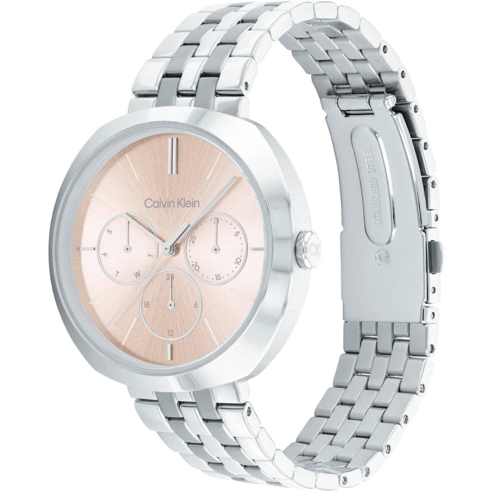 Calvin Klein Women's & Men's Pink Dial Silver Stainless Steel Watch 25200335 - Fashionable Unisex Timepiece for Casual Wear, Office & Special Occasions