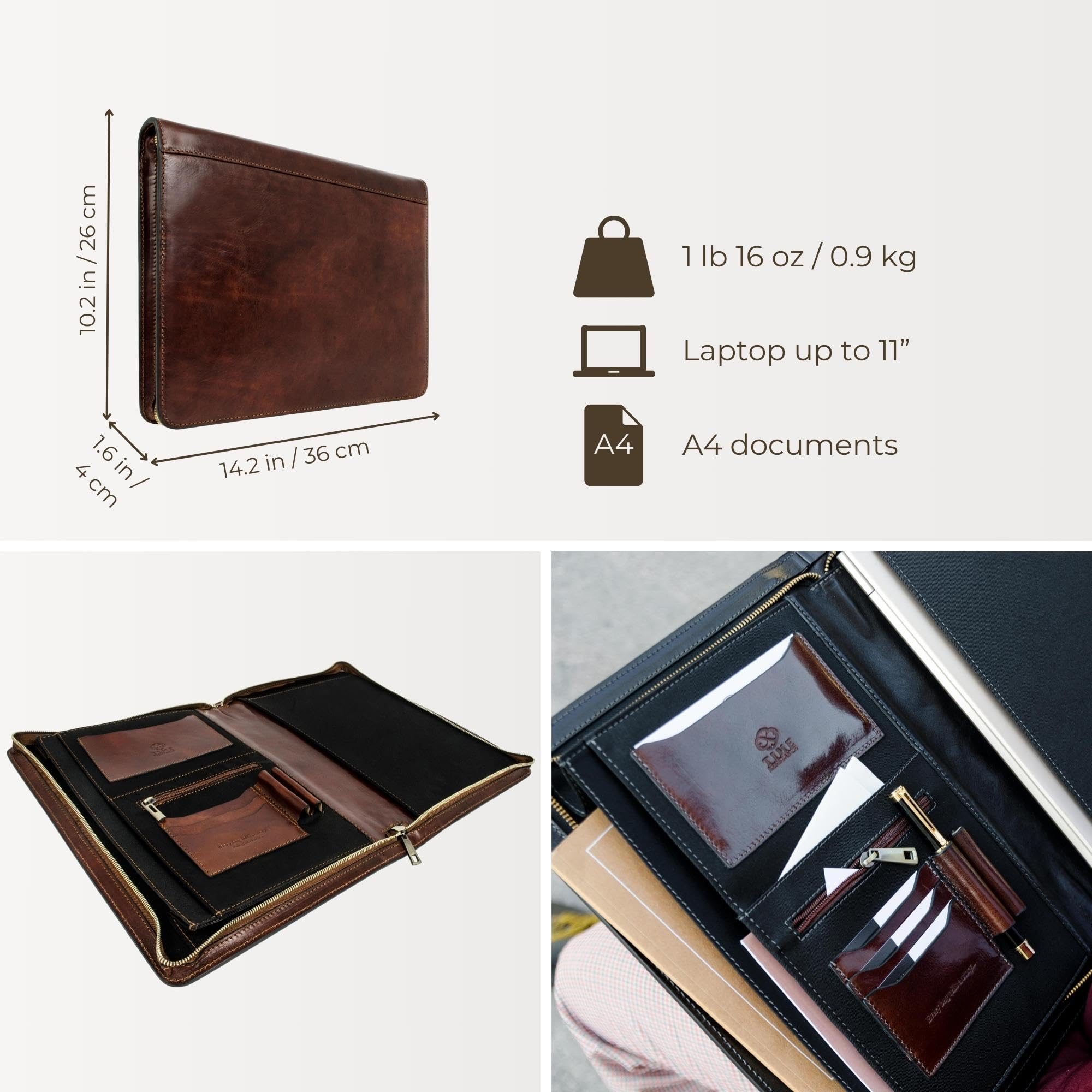 Premium Italian Handcrafted Leather Portfolio Organizer - A4 Document Folder with Time-Resistant Brown Leather - Perfect for Business Meetings, Office Use & Executive Gifts (Includes Gift Box)