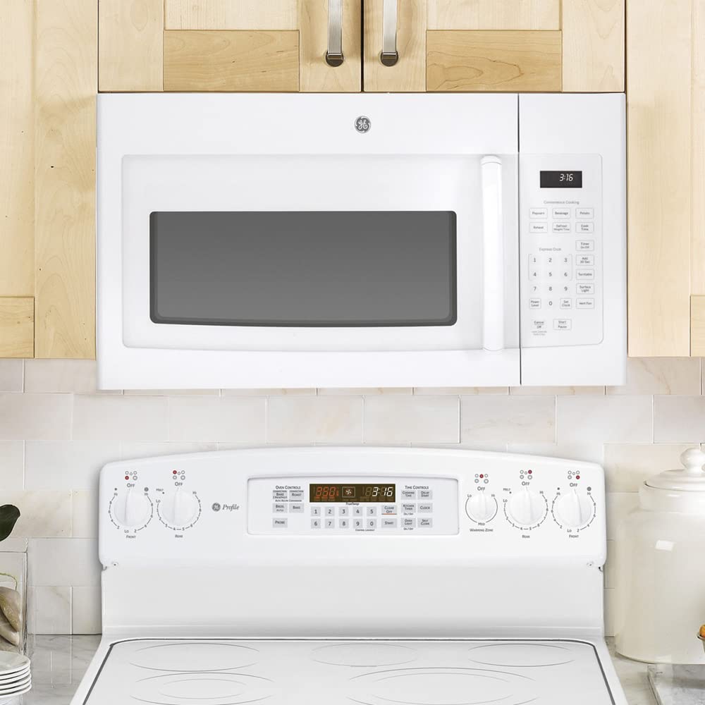 GE JVM3160DFWW 1.6 Cu. Ft. Over-the-Range Microwave Oven in White - Includes Heat Resistant Oven Mitts & 3-Year Protection Plan - Perfect for Kitchen Remodeling & Small Space Cooking