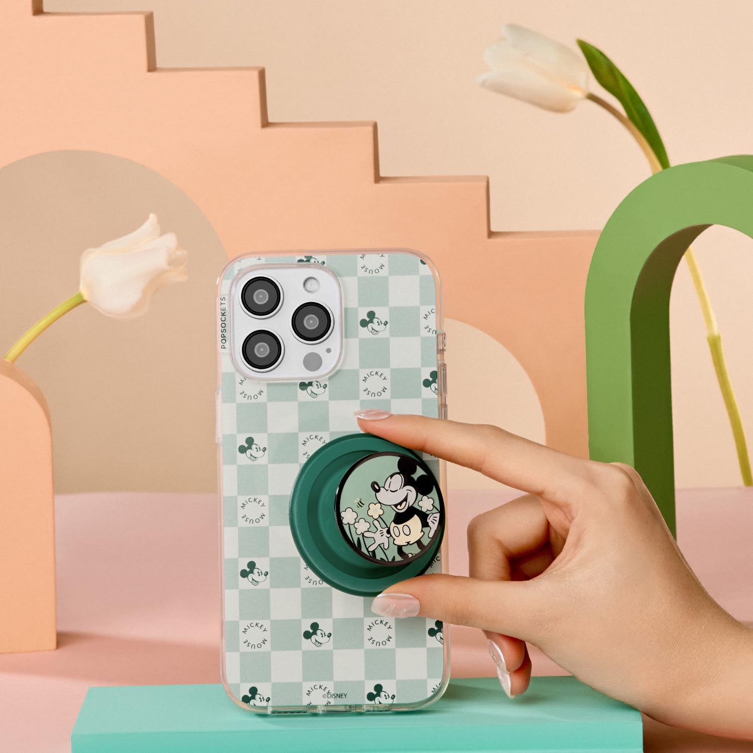PopSockets iPhone 15 Pro Case with Round Phone Grip - MagSafe Compatible Protective Cover for iPhone 15 Pro | Wireless Charging Friendly | Disney Mickey Mouse Classic Design | Perfect for Daily Use, Travel & Hands-Free Viewing