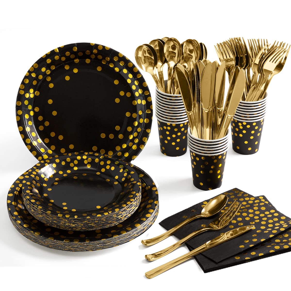 HOMIX 175-Piece Black and Gold Disposable Party Supplies Set - Paper Plates, Napkins, Cups & Gold Plastic Cutlery (Forks, Knives, Spoons) - Perfect for Graduation, Birthday, Cocktail Party (Serves 25) - Elegant Tableware for Home Celebrations & Special Events