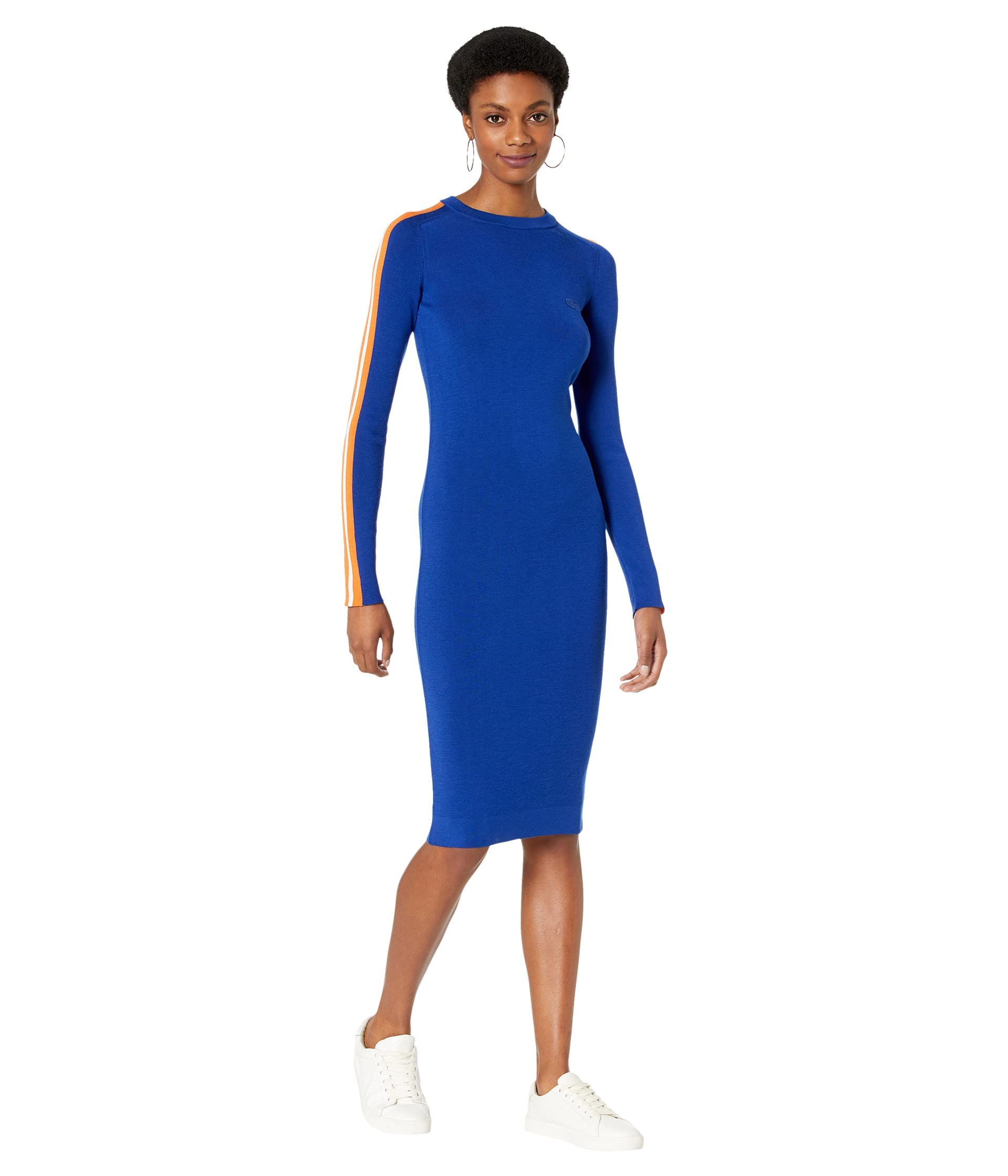 Lacoste Women's Long Ribbed Striped Sleeve Dress - Elegant Casual & Office Wear for Spring/Summer | Slim Fit Cotton Blend Dress for Women