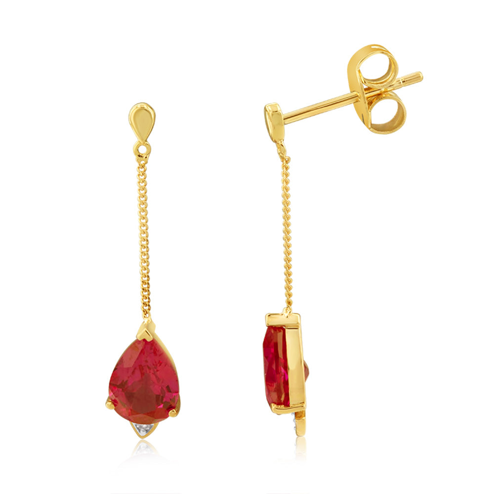 9ct Yellow & White Gold Ruby & Diamond Drop Earrings | Elegant Dangle Earrings for Women | Perfect for Weddings, Parties & Special Occasions