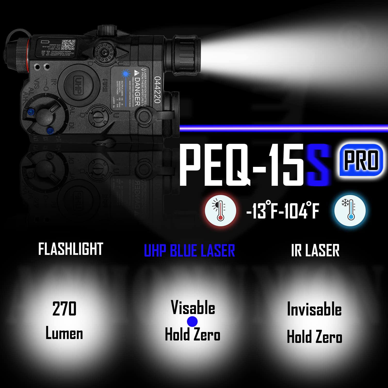 ACTIONUNION Airsoft PEQ-15S Pro UHP Tactical Laser Sight - Blue Laser, IR Laser & White LED Flashlight Combo for Military Simulation & Airsoft Games