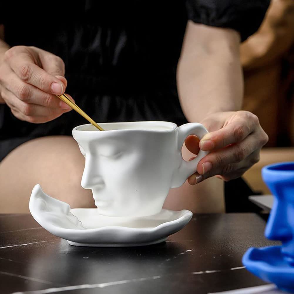 Premium Cappuccino Latte Cup and Saucer Set - Espresso Coffee Mugs with Creative Face Design - Fun Ceramic Tea Cups - Microwave & Dishwasher Safe - White - Perfect for Home, Office, and Cafe Use