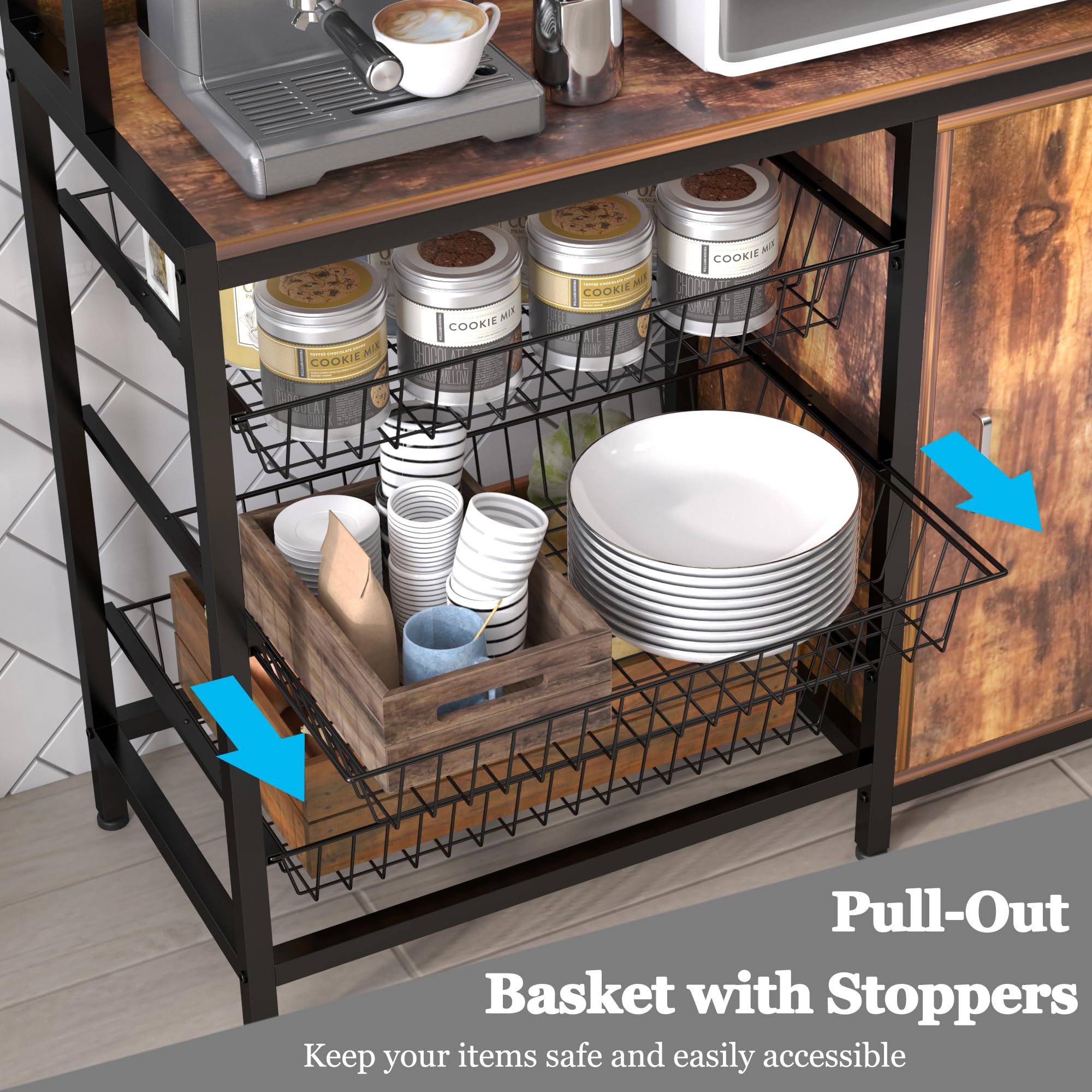 Industrial Kitchen Bakers Rack with Baskets & Door, Microwave Oven Stand, Utility Storage Shelf, Free Standing Organizer with Hooks - Perfect for Small Kitchens, Pantries, and Home Storage Solutions