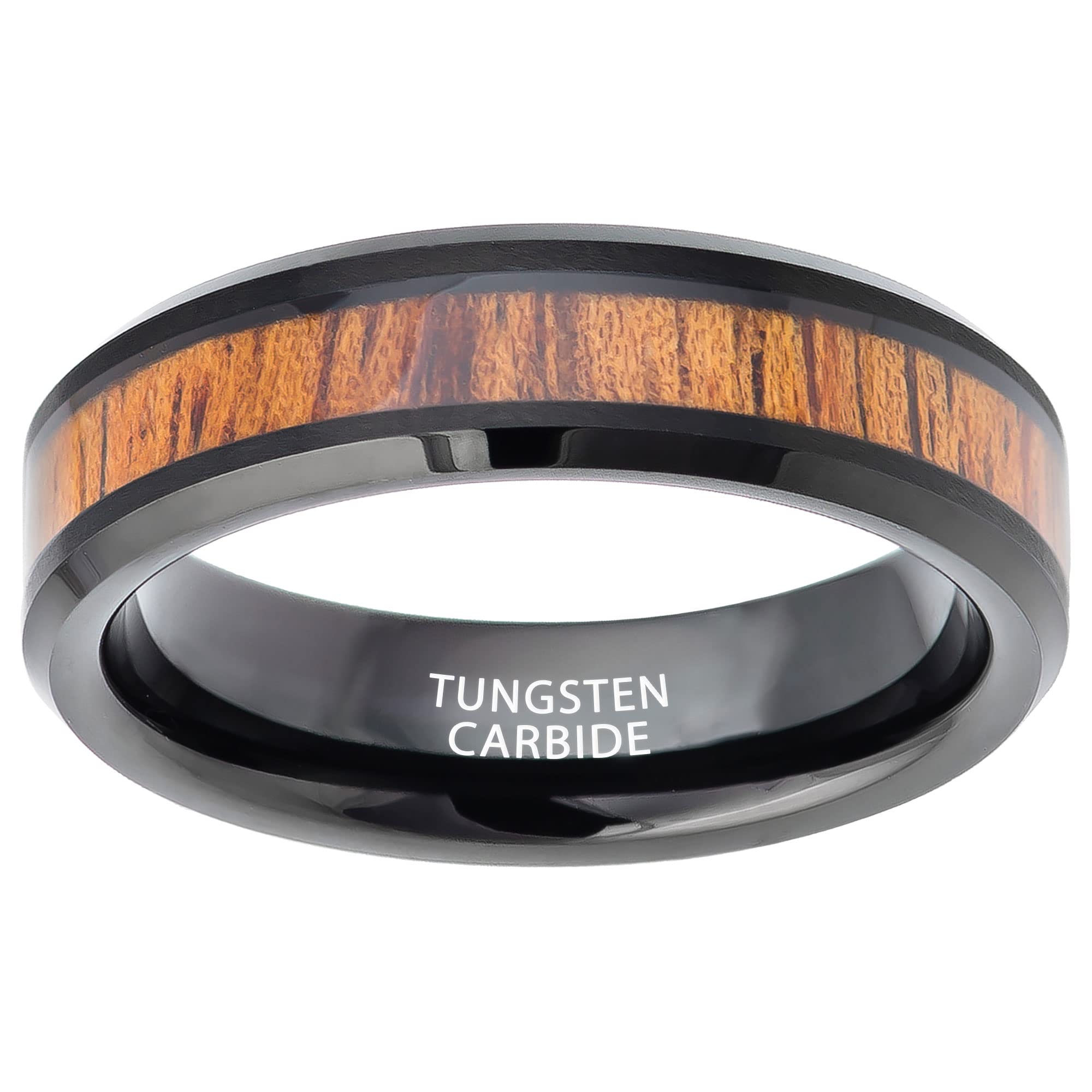 Premium Black Ion-Plated Tungsten Carbide Wedding Band with Hawaiian Koa Wood Inlay - 6mm Comfort Fit Ring for Men & Women - Perfect for Anniversaries, Engagements & Everyday Wear
