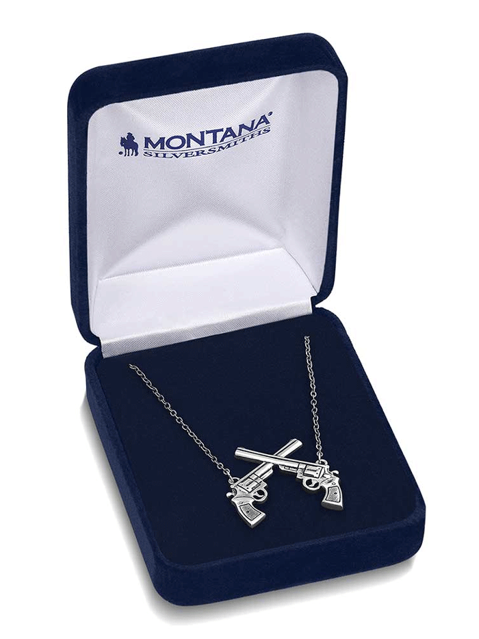 Montana Silversmiths NC5879 Women's Crossed Pistols Pendant Necklace in Sterling Silver - Perfect for Western Fashion, Cowgirl Style & Everyday Wear