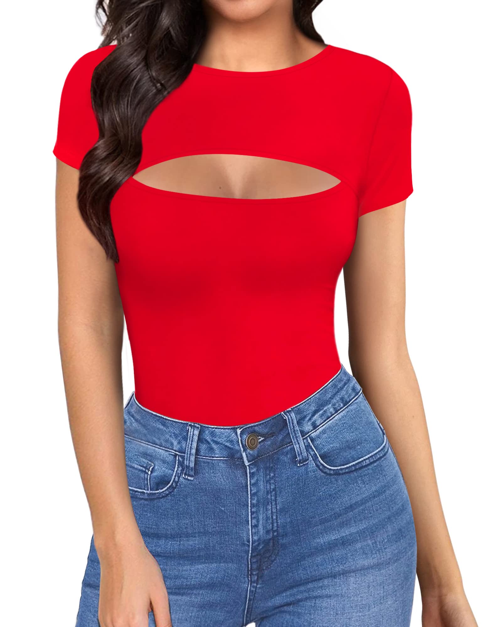 ALGALAROUND Women's Cutout Front Tops - Long & Short Sleeve Fitted T-Shirts for Casual Wear, Date Night & Party Outfits | Trendy Summer Fashion Tops