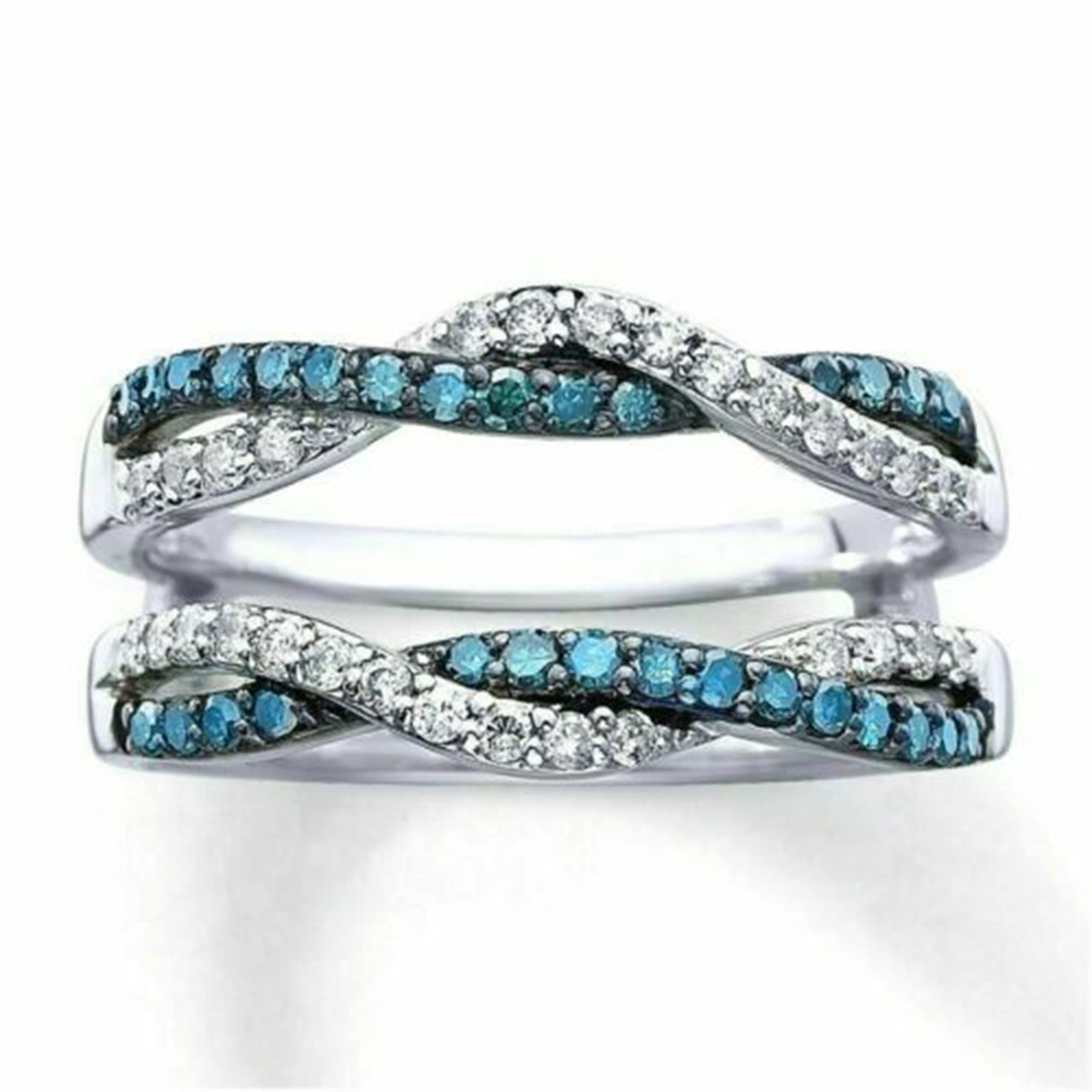 0.75 Ct Round Lab-Created Blue & White Diamond Solitaire Enhancer Ring - 14k White Gold Plated Over 925 Sterling Silver - Wedding Band Wrap Guard for Women - Perfect for Bridal Jewelry, Anniversary Gifts & Special Occasions