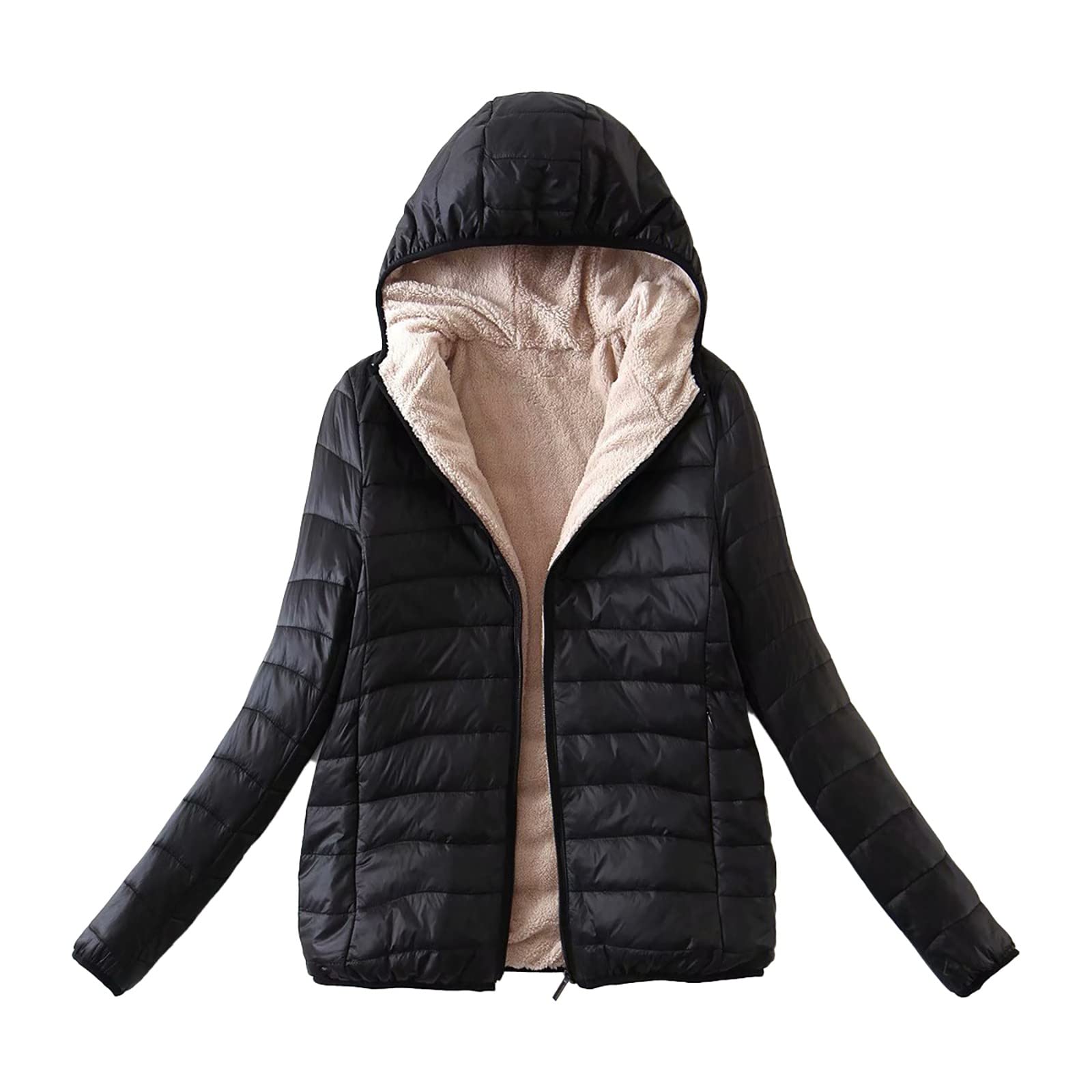 Women's Slim-Fit Hooded Fleece Coat - Warm Cotton-Padded Velvet Jacket with Lamb Fur Lining (Black) - Perfect for Winter Outdoors, Casual Wear & Cold Weather Fashion