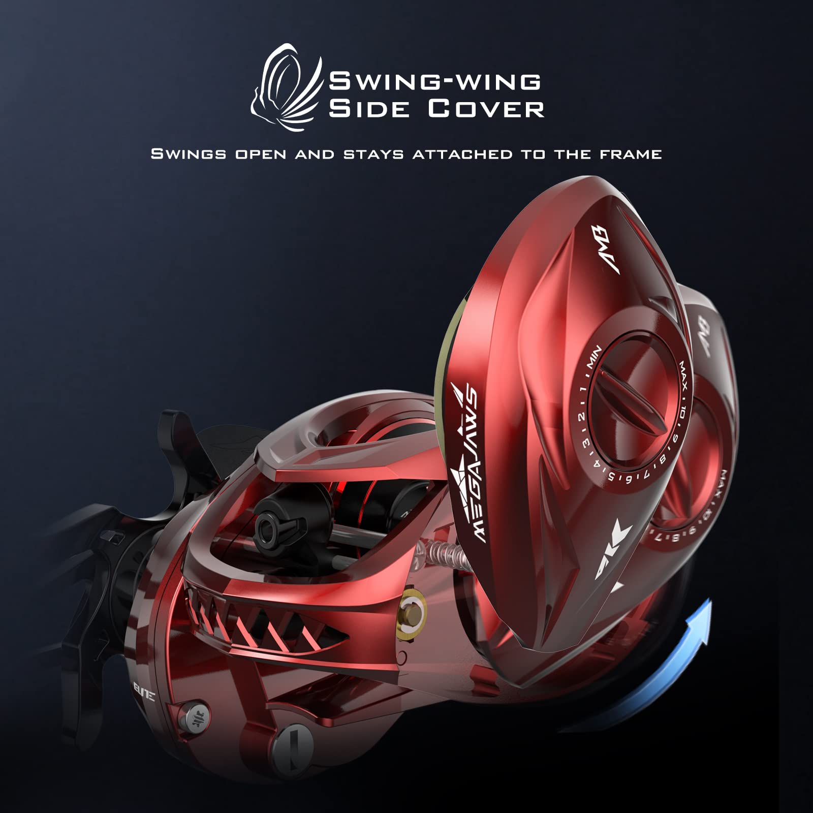 KastKing MegaJaws Elite Baitcasting Fishing Reel - Patented AMB System for Backlash-Free Casting, Lightweight 6.4oz Aluminum Frame with Carbon Fiber Side Covers, Flipping Switch Function - Perfect for Bass Fishing, Saltwater Angling, and Tournament Competition