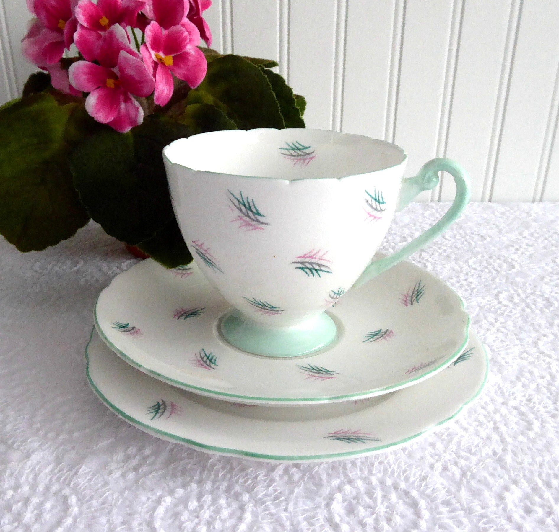 Vintage Shelley Teacup Trio Set - Ripon Harmony in Seafoam Green, Pink & Grey with Retro Feathers | English Fine China for Afternoon Tea, Collectors & Home Decor