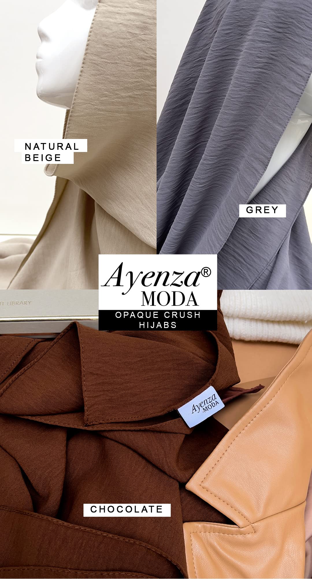 Ayenza Moda® Opaque Crush Hijab Scarf - Stretchy Crinkle Texture Head Wrap for Women - Perfect for Daily Wear, Prayer, and Modest Fashion Outfits