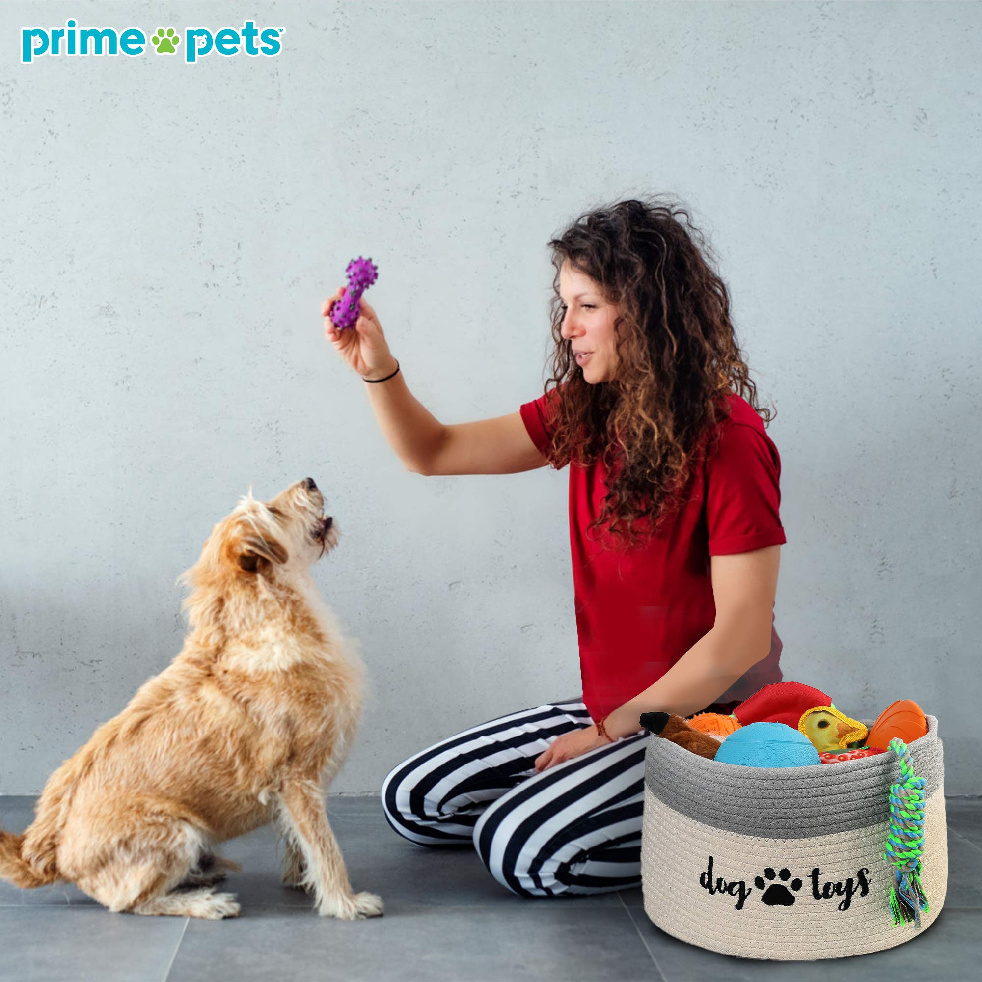 PrimePets Cotton Rope Dog Toy Basket - Small Woven Storage Bin with Handles for Dog Toys (15x10x9 inches) - White and Grey Pet Organizer for Living Room, Bedroom & Pet Play Areas