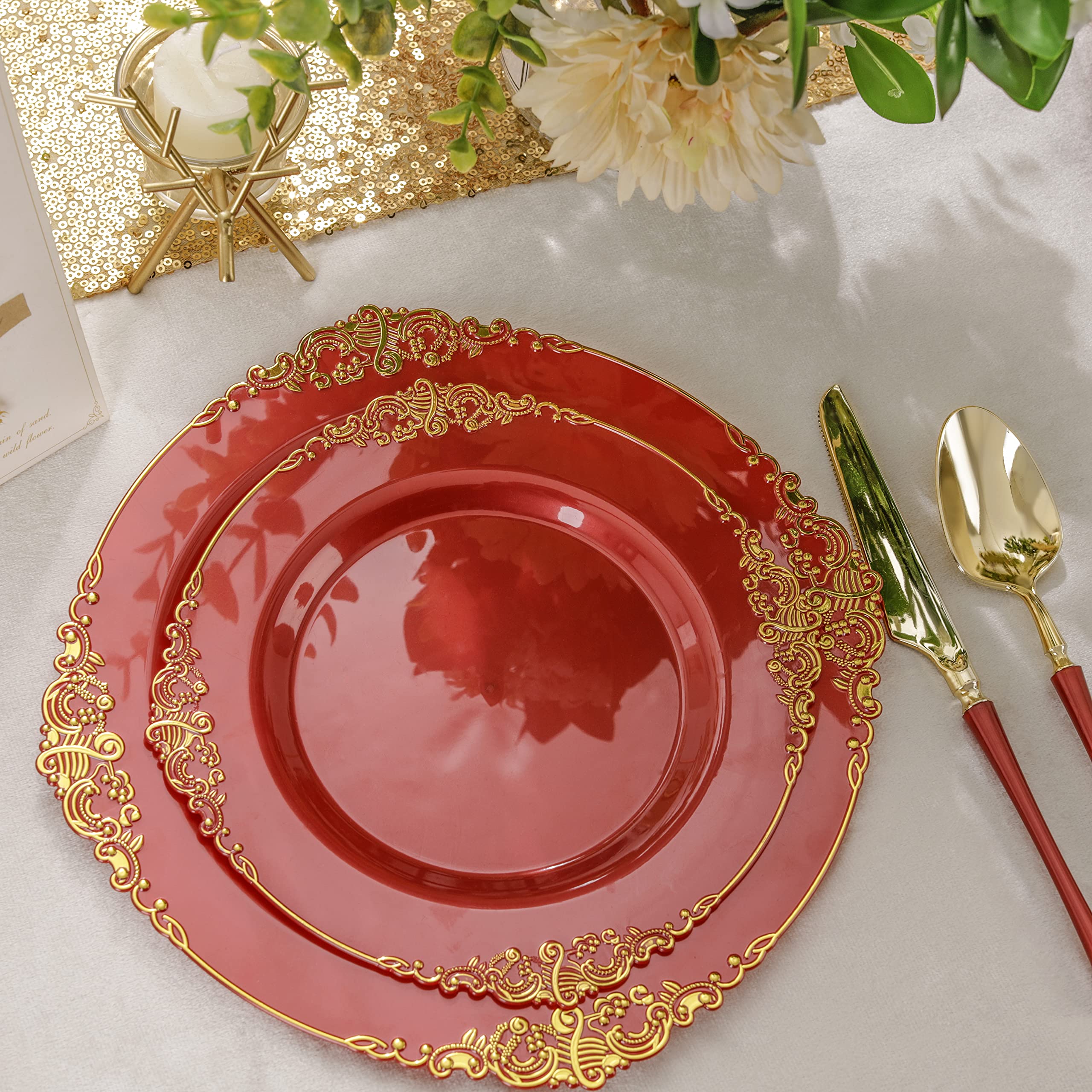 Liacere 50-Pack Disposable Red Plastic Plates Set - 25PCS 7.5 Inch Dessert Plates & 25PCS 10.25 Inch Dinner Plates with Gold Trim for Christmas Party, Wedding Reception, New Year Celebration, Birthday, BBQ, Picnic and Holiday Gatherings