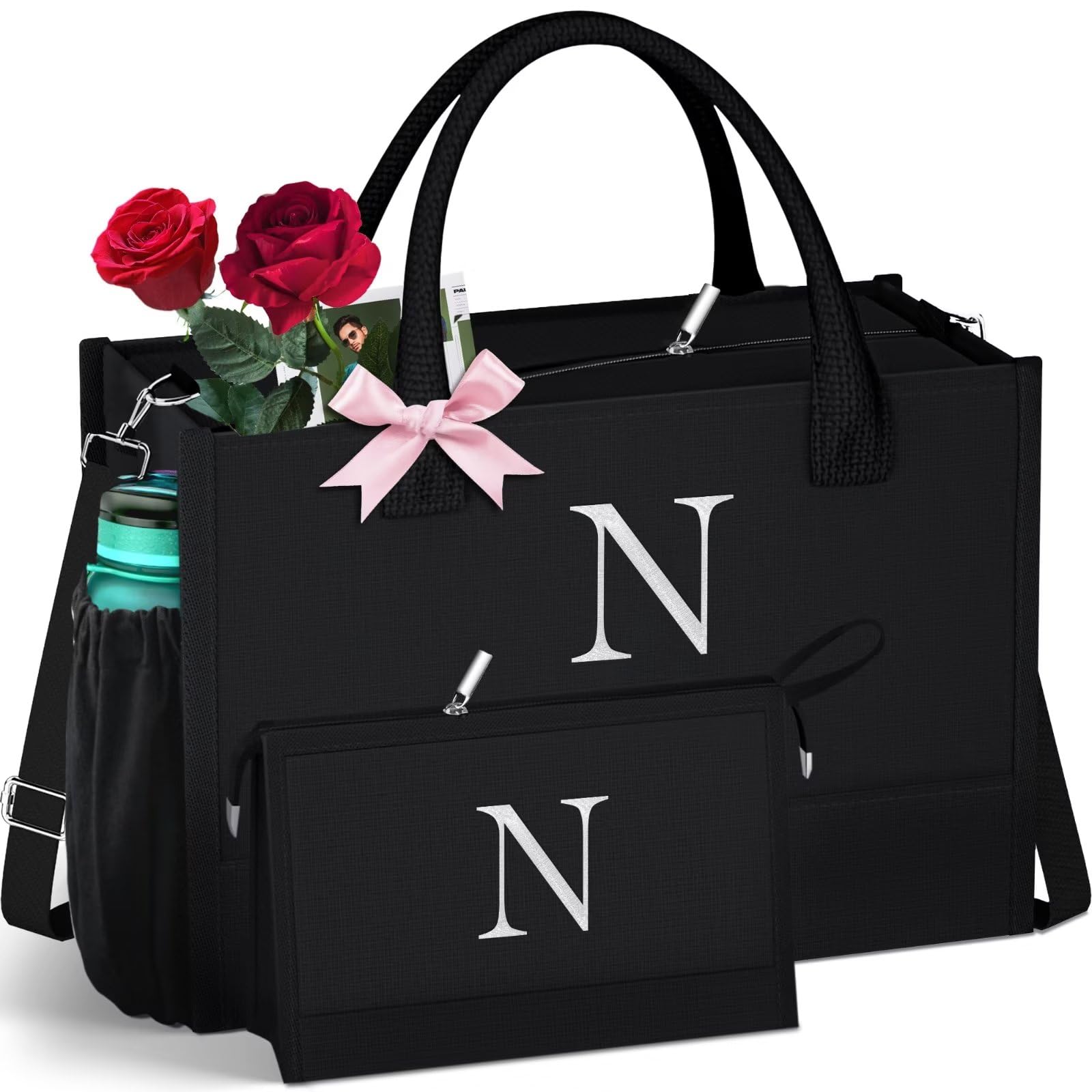 QLOVEA Personalized Initial Black Canvas Tote Bag & Makeup Pouch with Zipper & Adjustable Strap - Stylish Gift for Women's Birthday, Work, Travel & Daily Use