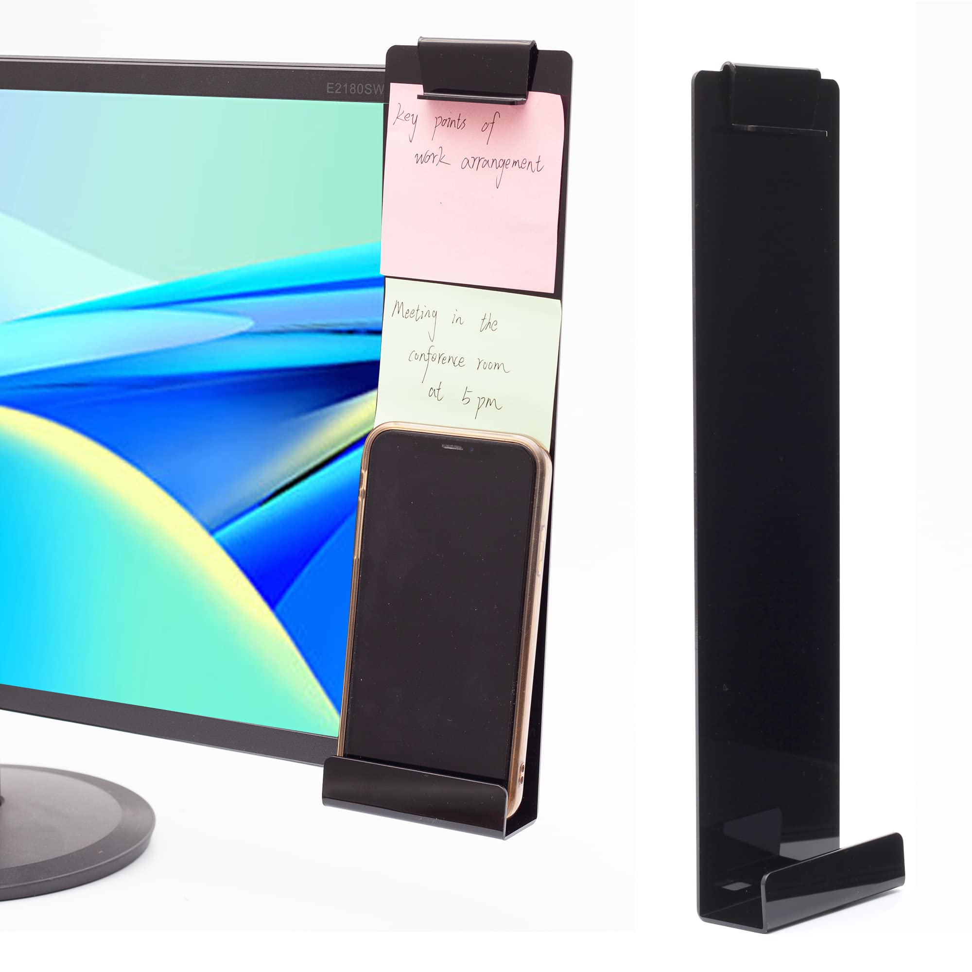 2 Pack Black Monitor Memo Board with Clip - Sticky Note Holder & Phone Stand for Computer Screens (Left & Right) - Perfect for Office, Home Desk & Workspace Organization