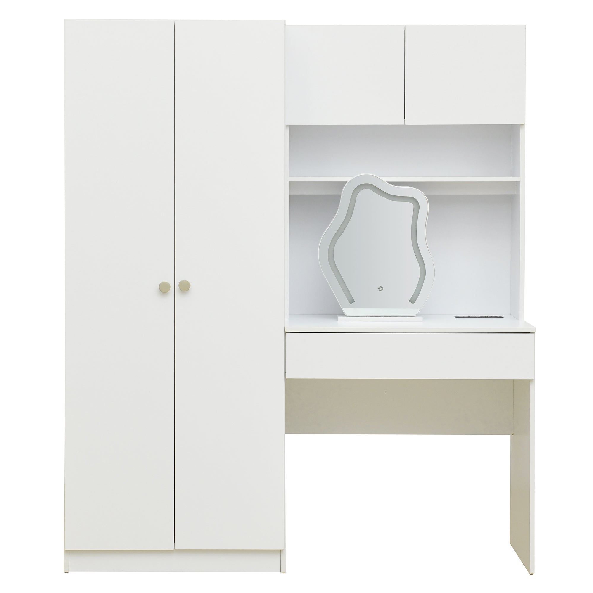 White 2-Door Wooden Storage Vanity Wardrobe with Makeup Mirror & Drawers - Bedroom Organizer for Clothes, Jewelry & Cosmetics | Perfect for Small Spaces & Master Bedrooms