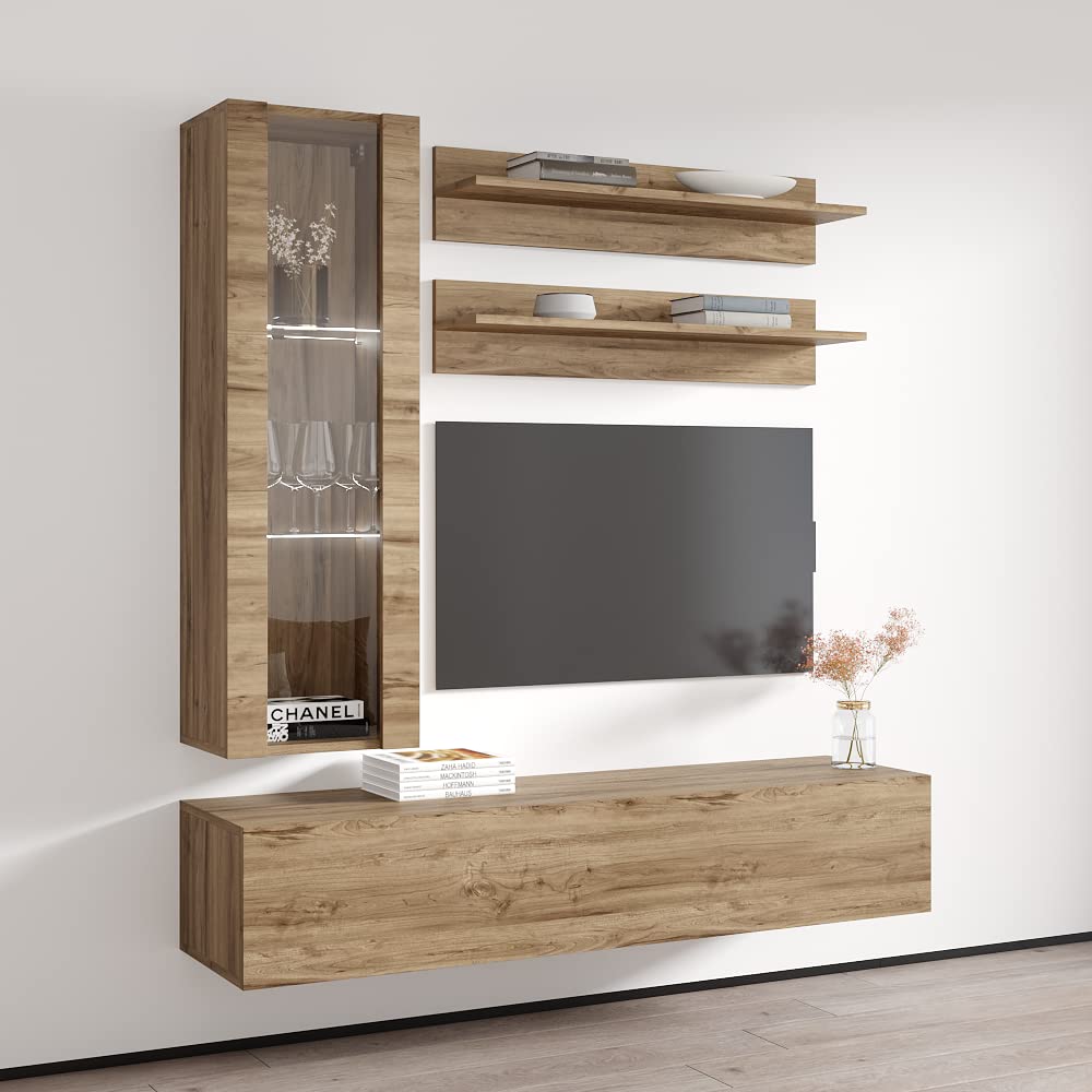 Modern Floating TV Stand with Storage & LED Lights - Wall-Mounted Entertainment Center for Bedroom & Living Room - H2 30TV Console with Shelves in Oak Finish - Perfect for Small Spaces & Home Theater Setup