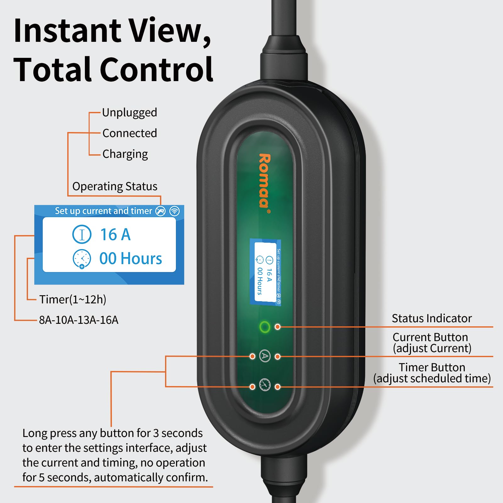 Smart Level 1/2 EV Charger with APP Control - 16A 110V-240V NEMA 6-20 & 5-15 Plug - 25FT J1772 Cable - Portable Electric Vehicle Charging Station - ETL & FCC Certified - Perfect for Home, Office & Travel Use