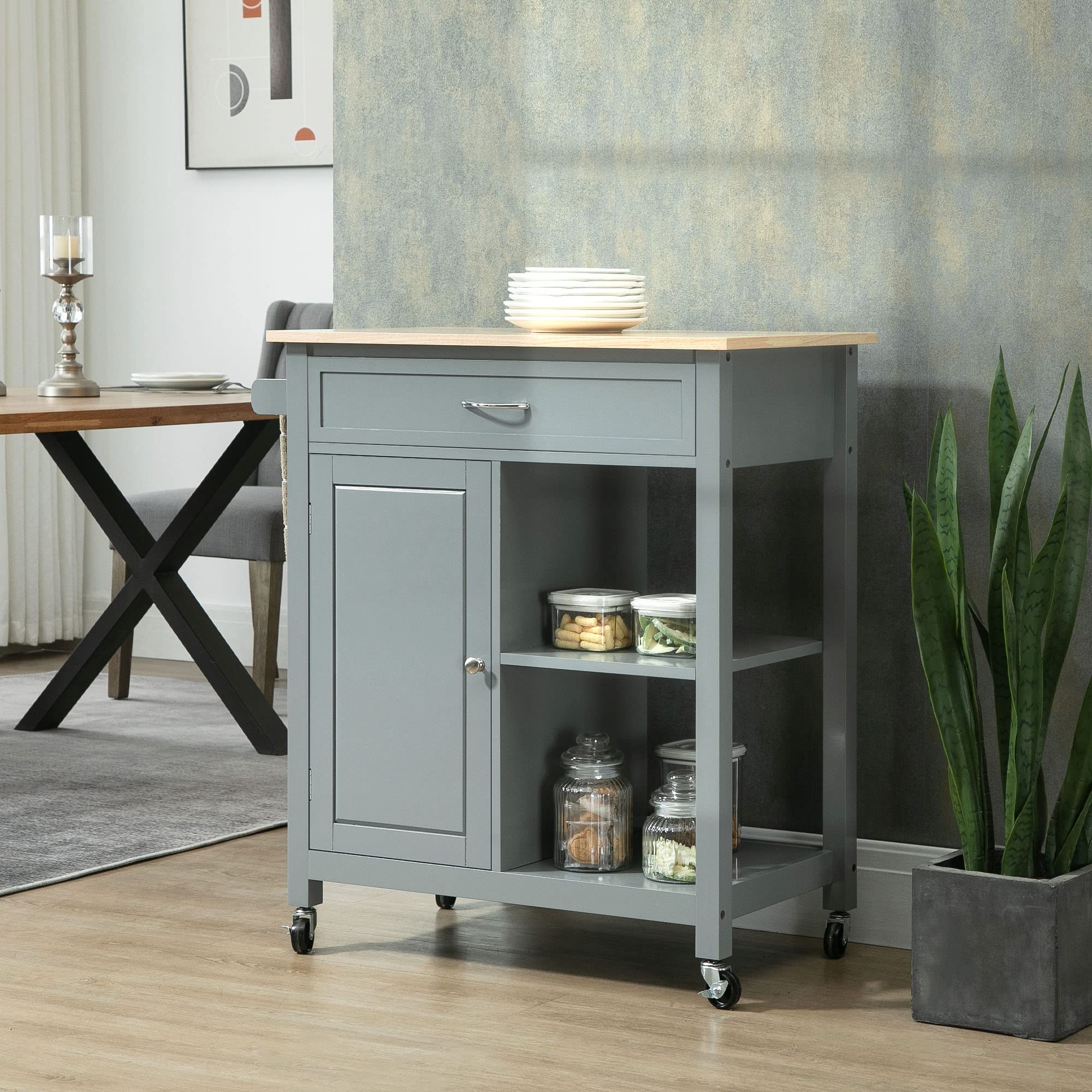 HOMCOM Kitchen Island Cart with Storage Shelf & Drawer - Solid Wood Top, Rolling Mobile Kitchen Organizer for Small Spaces - Perfect for Dining Room, Kitchen & Apartment - Gray