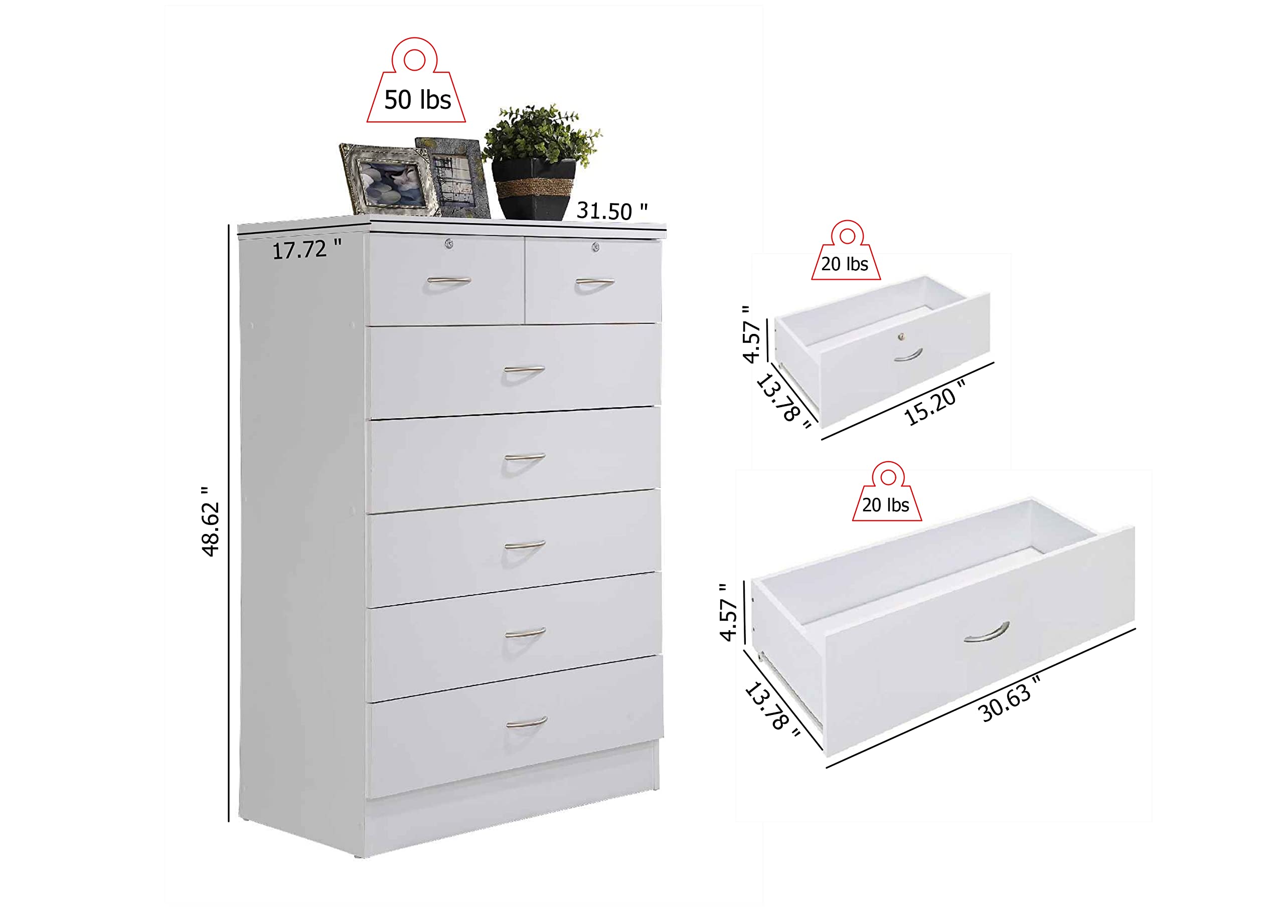 HODEDAH 7-Drawer Wood Dresser for Bedroom - 31.5 Inch Wide Chest of Drawers with Locking Top Drawers - White Storage Organizer for Clothes, Bedroom Furniture & Home Organization