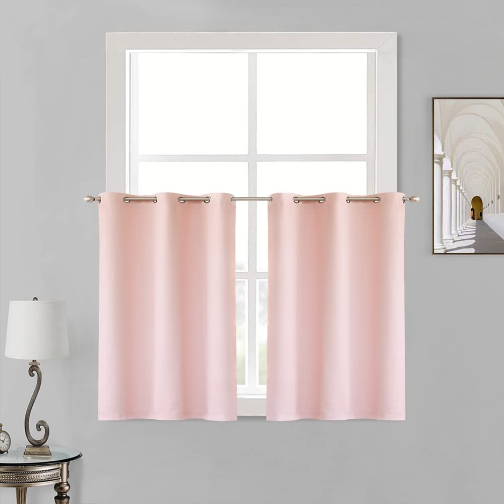 Pink Short Curtains 36 Inches Long - Grommet Top Half Tier Blackout Drapes for Girls Bedroom, Kitchen, Basement - 34W x 36L - Perfect for Nursery, Kids Room & Home Decor
