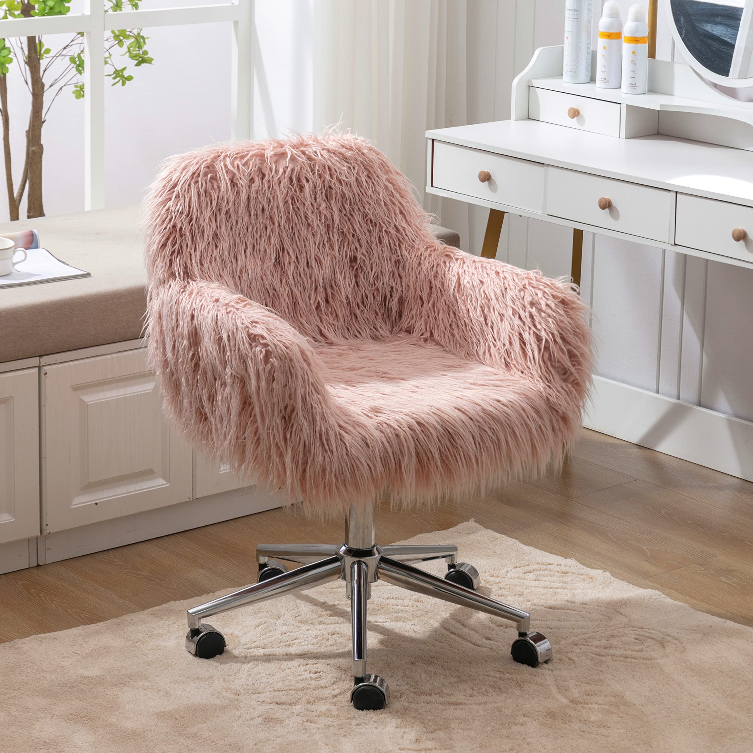 Elegant Pink Faux Fur Vanity Chair with Wheels - Modern Comfy Makeup Desk Chair for Girls & Women - Perfect for Bedroom, Living Room & Dressing Room Decor