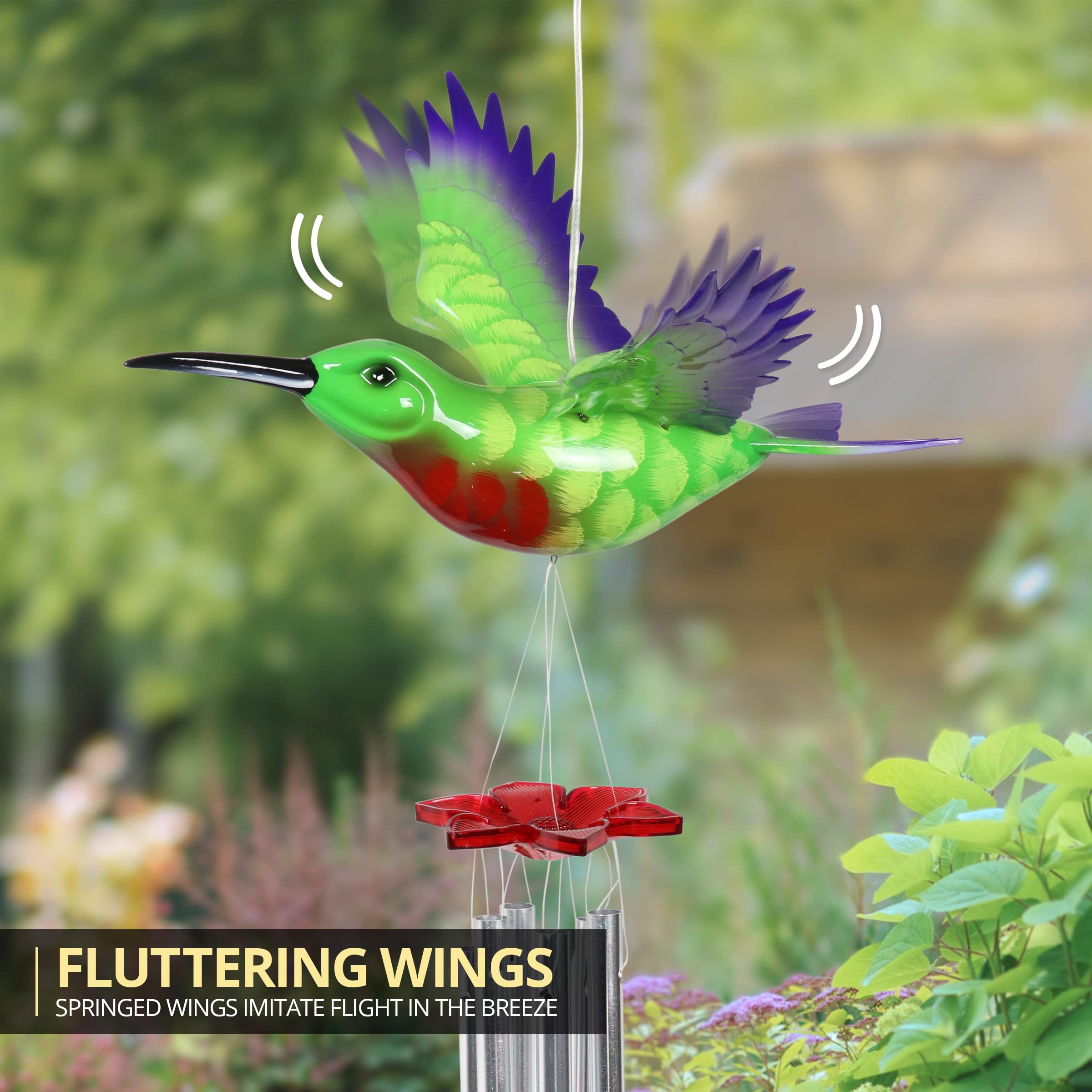 Solar-Powered Hummingbird Wind Chime with Fluttering Wings & 2 LED Lights - 13 x 11 x 43 Inch Outdoor Garden Decor for Patio, Yard, and Lawn - Exhart WindyWings Green Plastic Wind Chimes for Relaxing Ambience