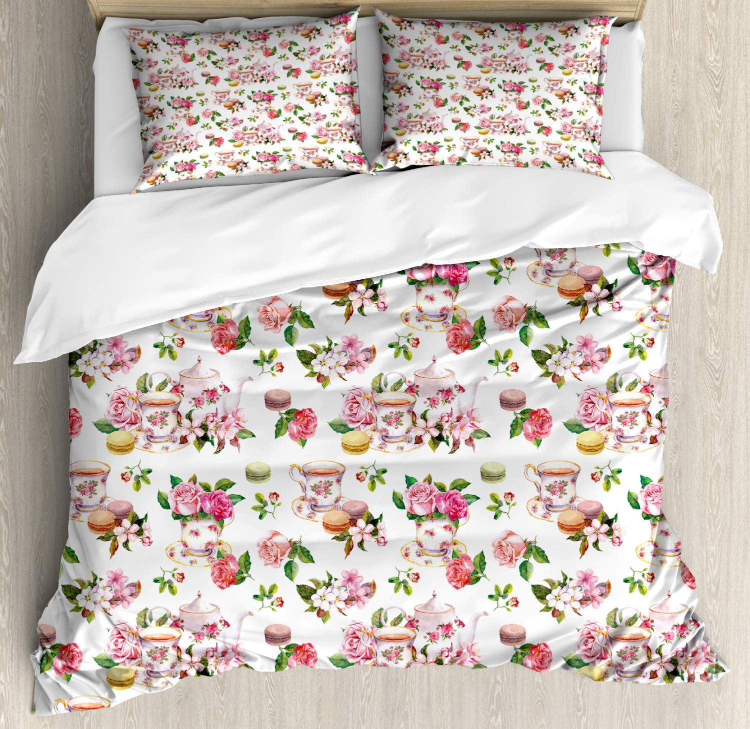 Ambesonne Vintage Duvet Cover Set - Antique Tea Time Design with Roses, Cups & Leaves - 3 Piece King Size Bedding Set with 2 Pillow Shams - Perfect for Vintage Themed Bedrooms & Cozy Home Decor
