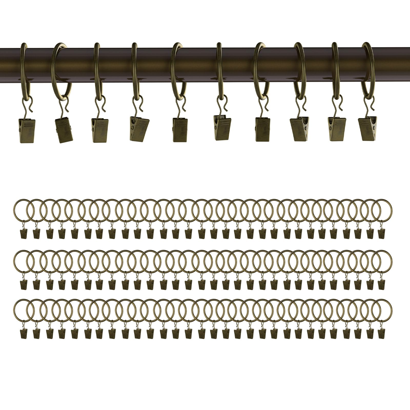 100 Pack Bronze Curtain Rings with Clips - 1 Inch Interior Diameter Drapery Hooks for 5/8 Inch Rods - Durable Metal Curtain Accessories for Living Room, Bedroom & Window Decor