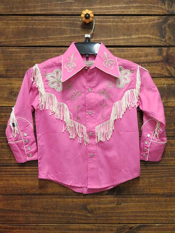 Rockmount 8723 Kids Embroidered Fringe Long Sleeve Western Shirt - Pink Cowgirl Outfit for Girls | Perfect for Rodeo, Halloween & Western Theme Parties