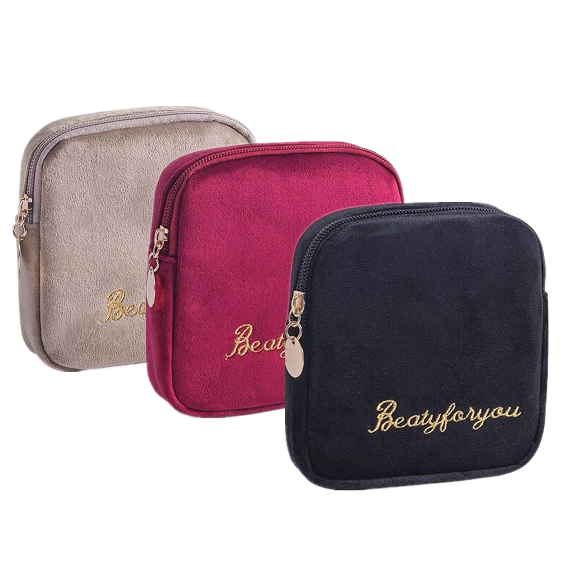 Flocking Fabric Sanitary Napkin Bag - Reusable Menstrual Cup Pouch & Nursing Pad Holder - Washable Organizer Storage for Women - 3 Pack (Black) - Perfect for Travel, Gym, and Daily Hygiene Essentials